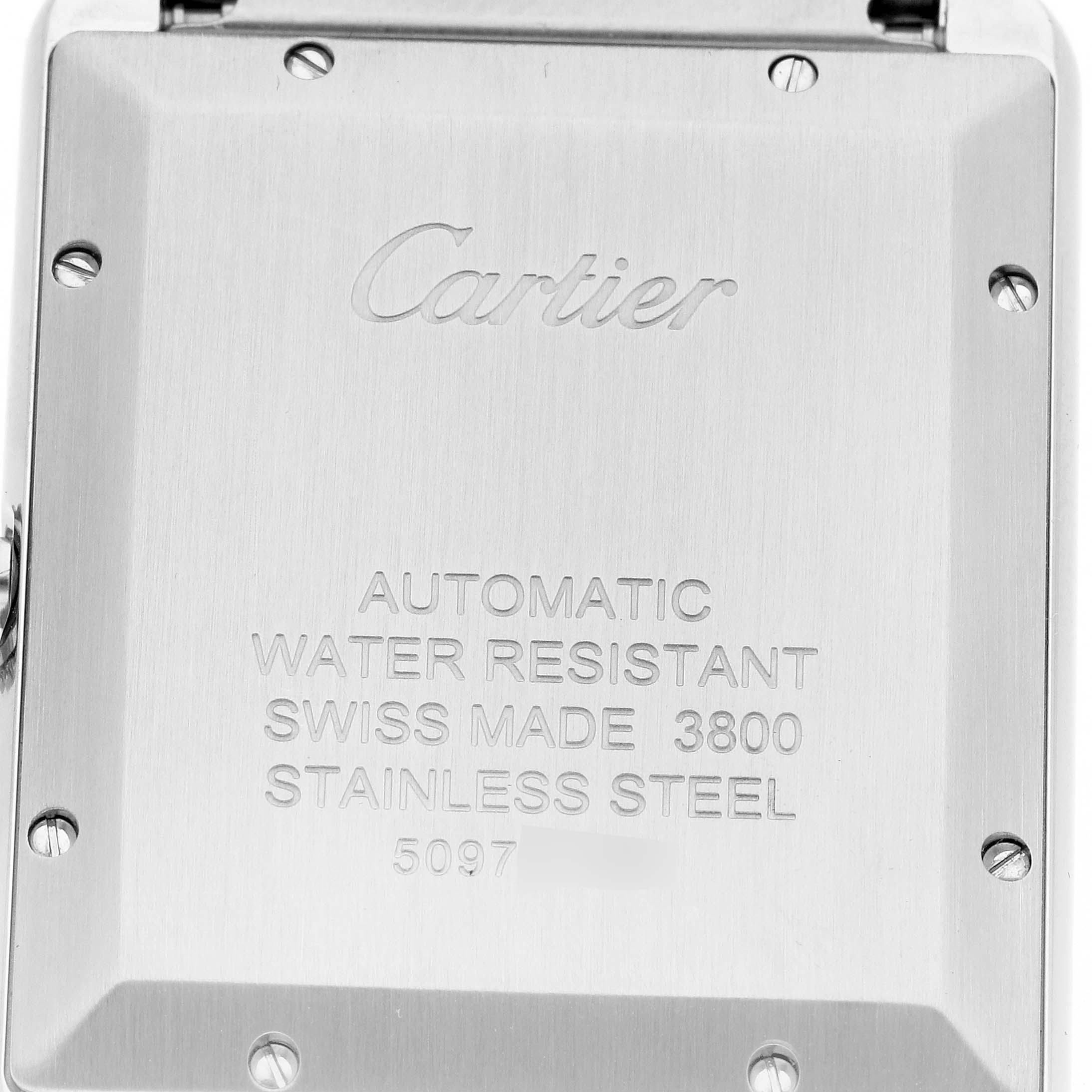 The image shows the back case of the Cartier Tank Solo W5200028 Men's Stainless Steel Silver Dial W5200028 Men's Stainless Steel Silver Dial watch, highlighting engraving details.