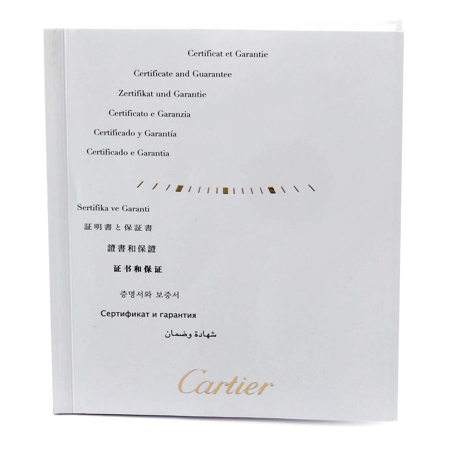 The image shows a multilingual Certificate and Guarantee booklet for the Cartier Tank Solo W5200028 Men's Stainless Steel Silver Dial W5200028 Men's Stainless Steel Silver Dial watch.
