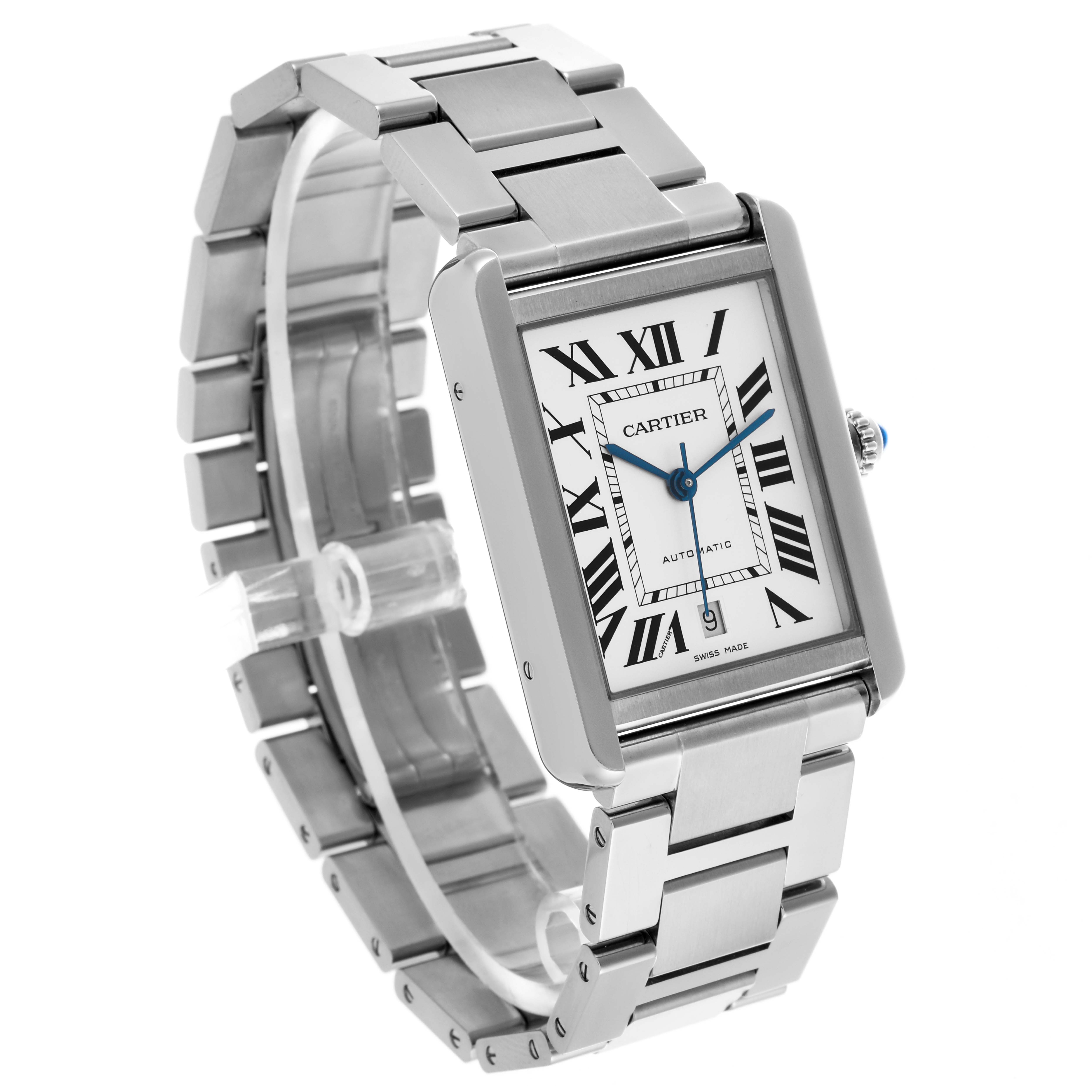 The Cartier Tank Solo W5200028 Men's Stainless Steel Silver Dial W5200028 Men's Stainless Steel Silver Dial watch is shown at a slight angle, highlighting the face, Roman numerals, and linked metal bracelet.