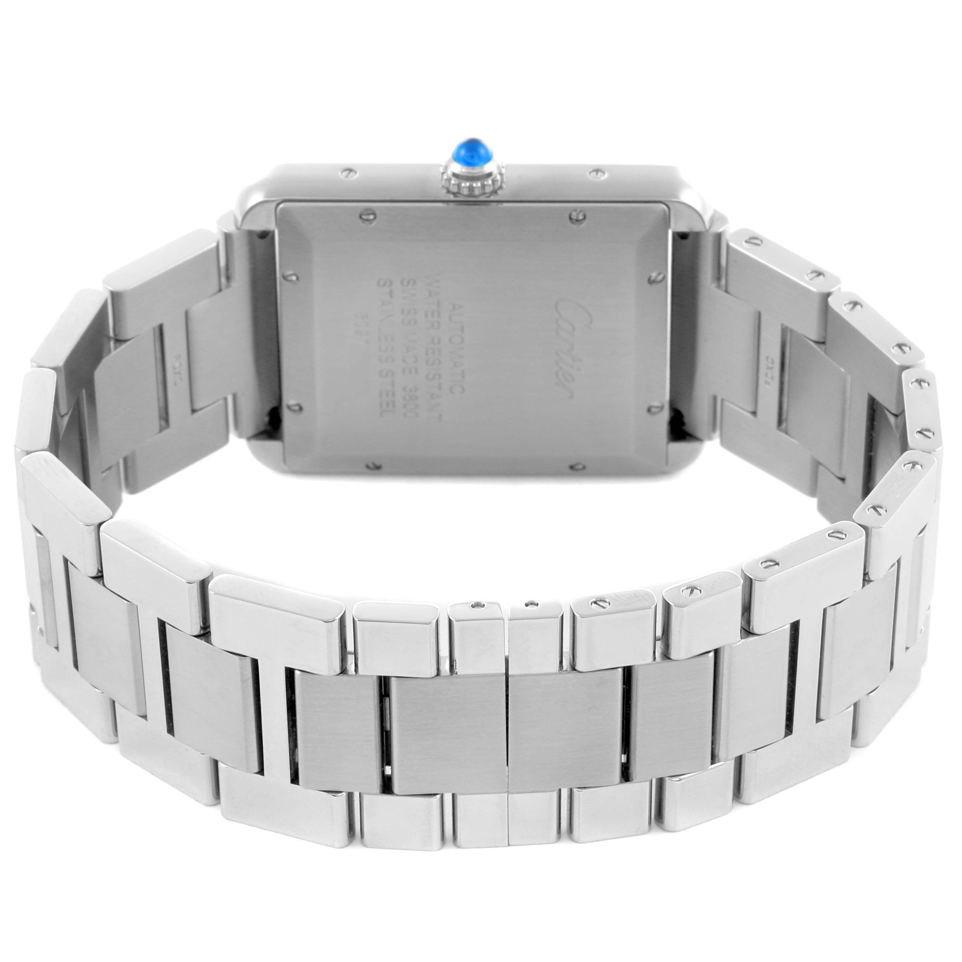 The image shows the back and bracelet of the Cartier Tank Solo W5200028 Men's Stainless Steel Silver Dial W5200028 Men's Stainless Steel Silver Dial watch, highlighting the case back and metal links.