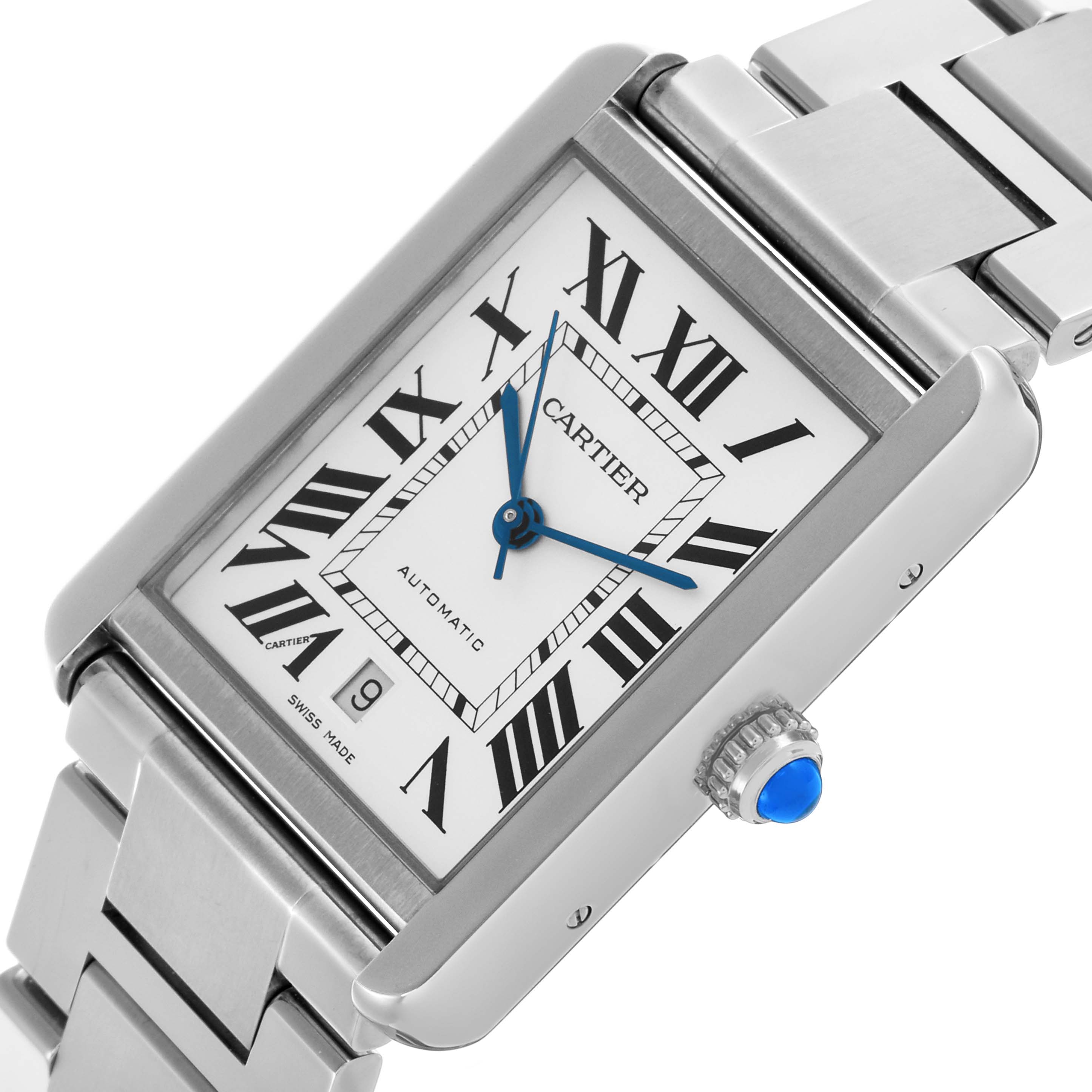 The Cartier Tank Solo W5200028 Men's Stainless Steel Silver Dial W5200028 Men's Stainless Steel Silver Dial watch is shown at an angle highlighting the rectangular face, Roman numerals, and a visible crown with a blue cabochon.
