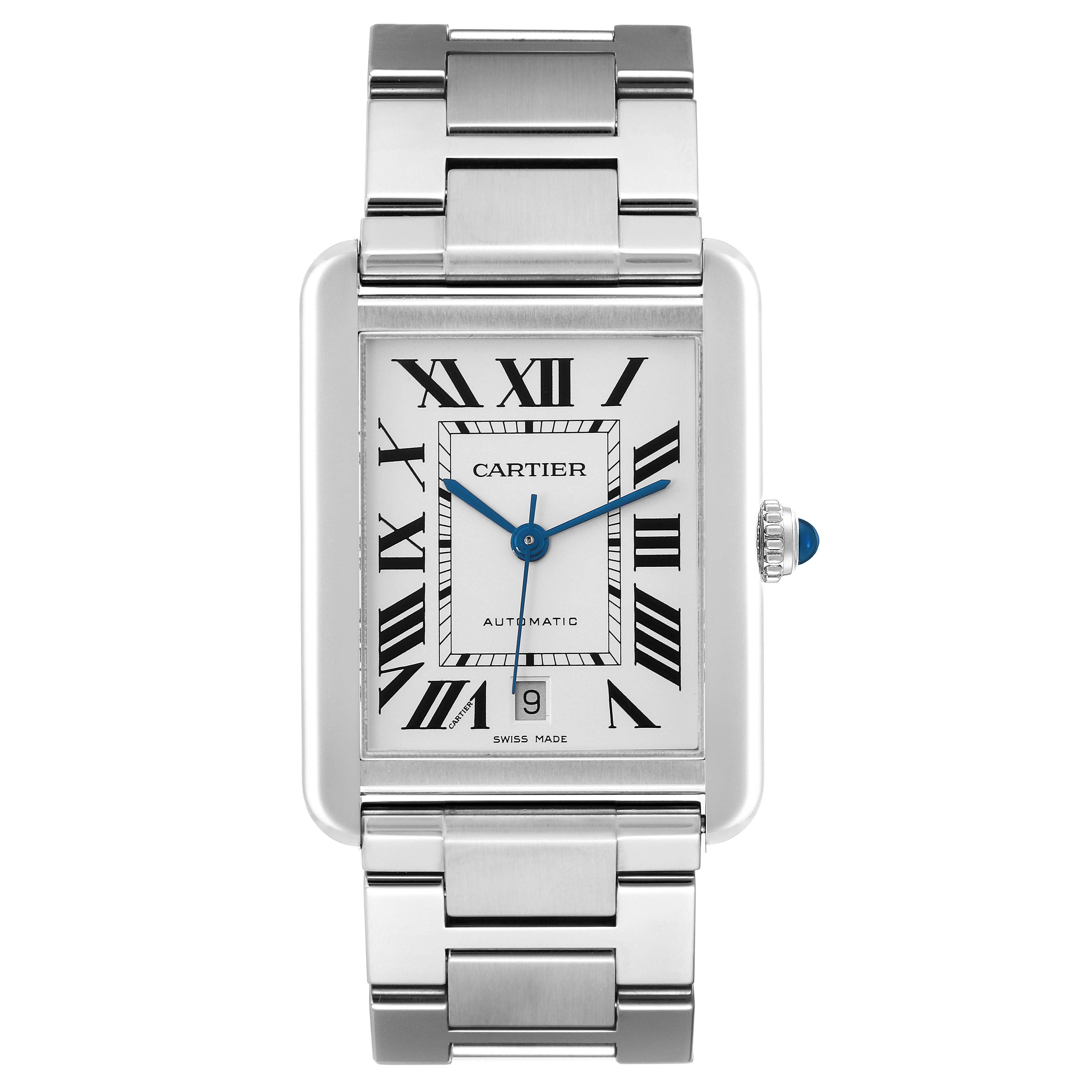 The Cartier Tank Solo W5200028 Men's Stainless Steel Silver Dial W5200028 Men's Stainless Steel Silver Dial watch is shown face-on, highlighting the dial, case, bracelet, and crown.