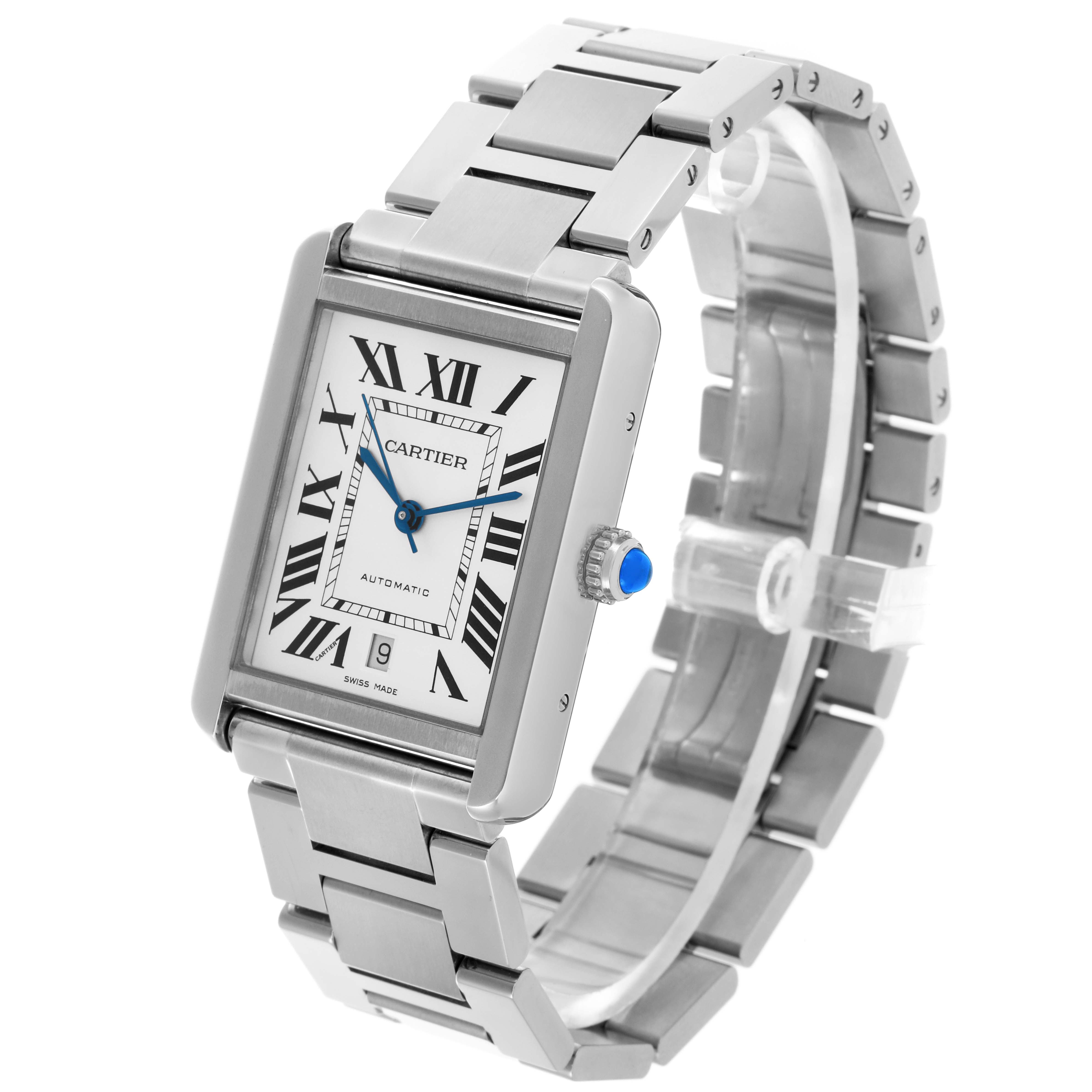 The Cartier Tank Solo W5200028 Men's Stainless Steel Silver Dial W5200028 Men's Stainless Steel Silver Dial watch is shown from a three-quarter angle, displaying its face, bracelet, and crown.