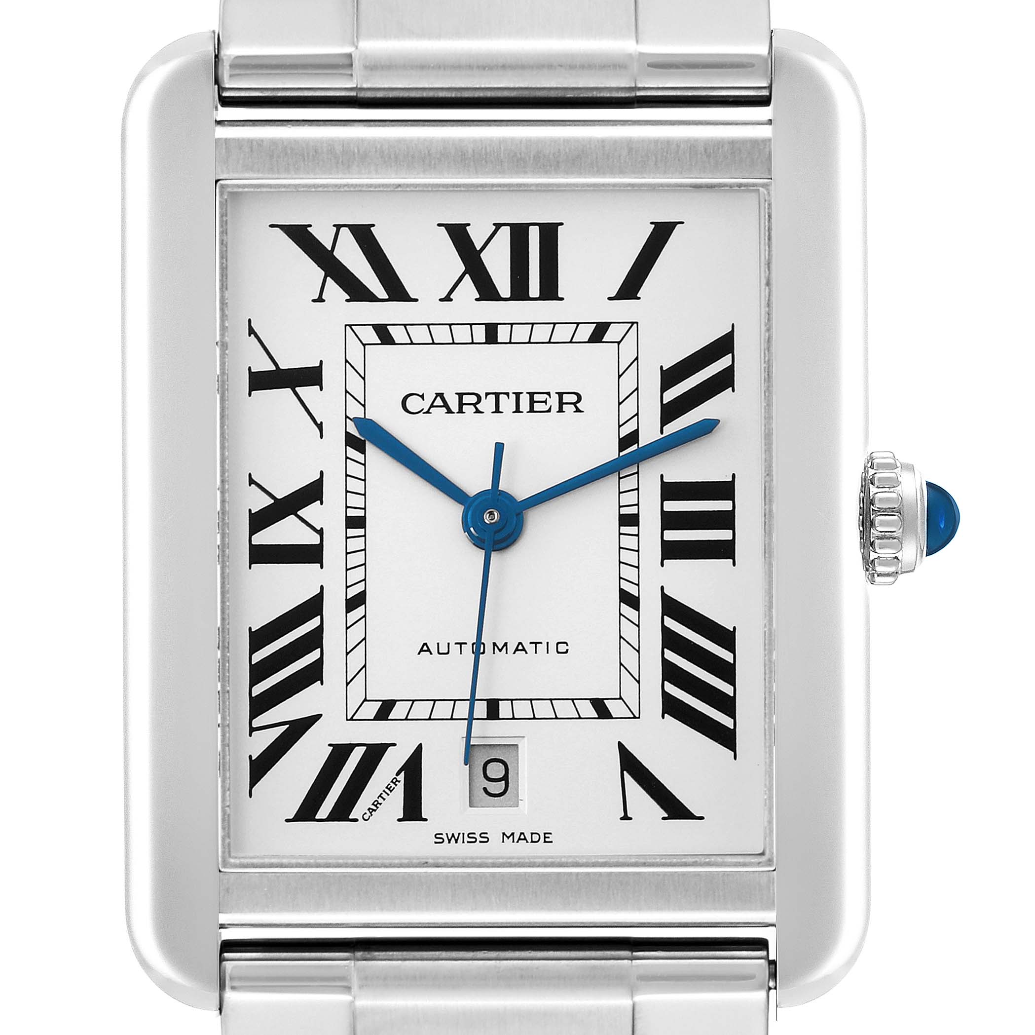 The Cartier Tank Solo W5200028 Men's Stainless Steel Silver Dial W5200028 Men's Stainless Steel Silver Dial watch is shown from the front, highlighting the dial, Roman numerals, and distinctive crown.