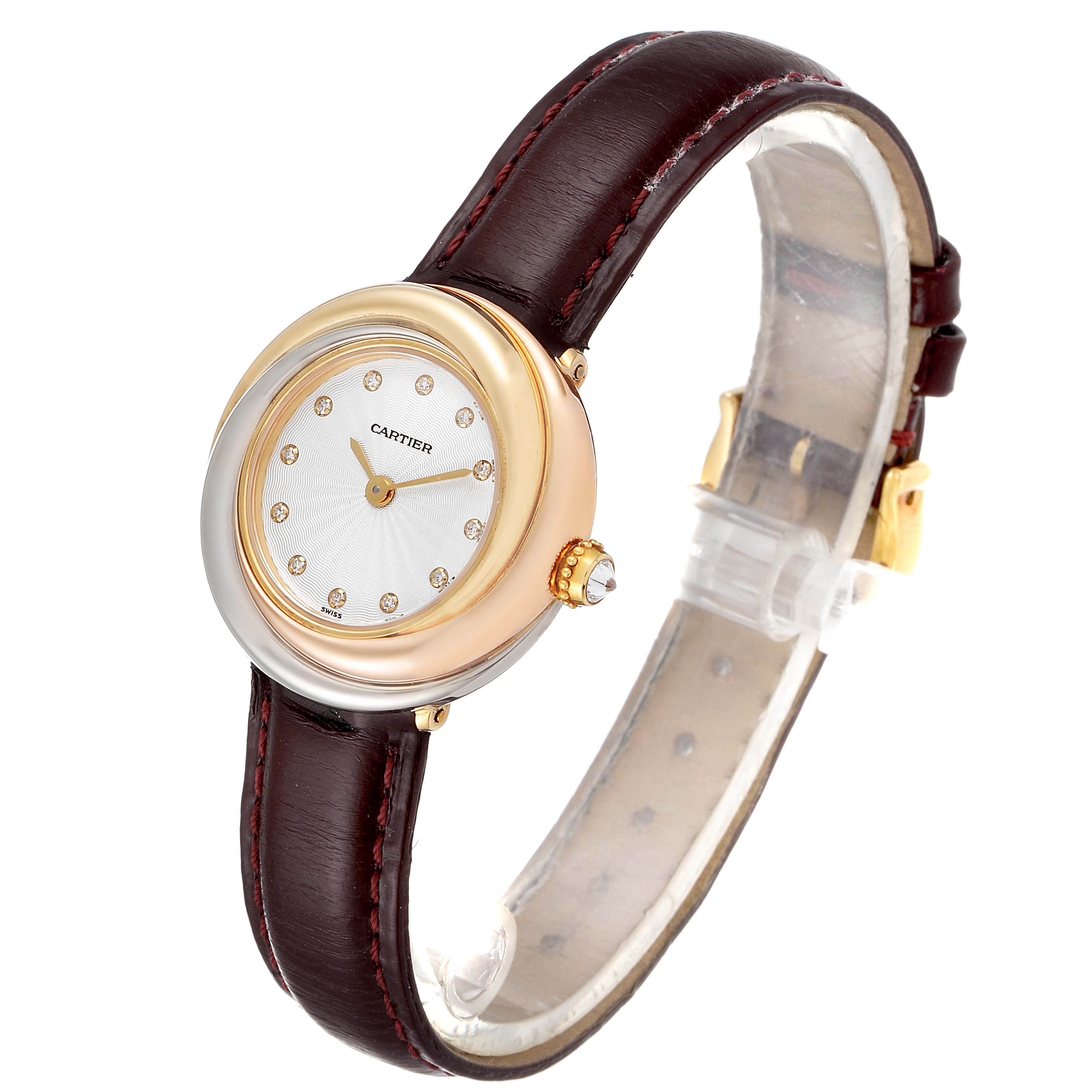 The Cartier Trinity W200246 Women's Yellow Gold Beige Dial W200246 Women's Yellow Gold Beige Dial model watch is shown at an angle, displaying the face, bezel, crown, and leather strap.