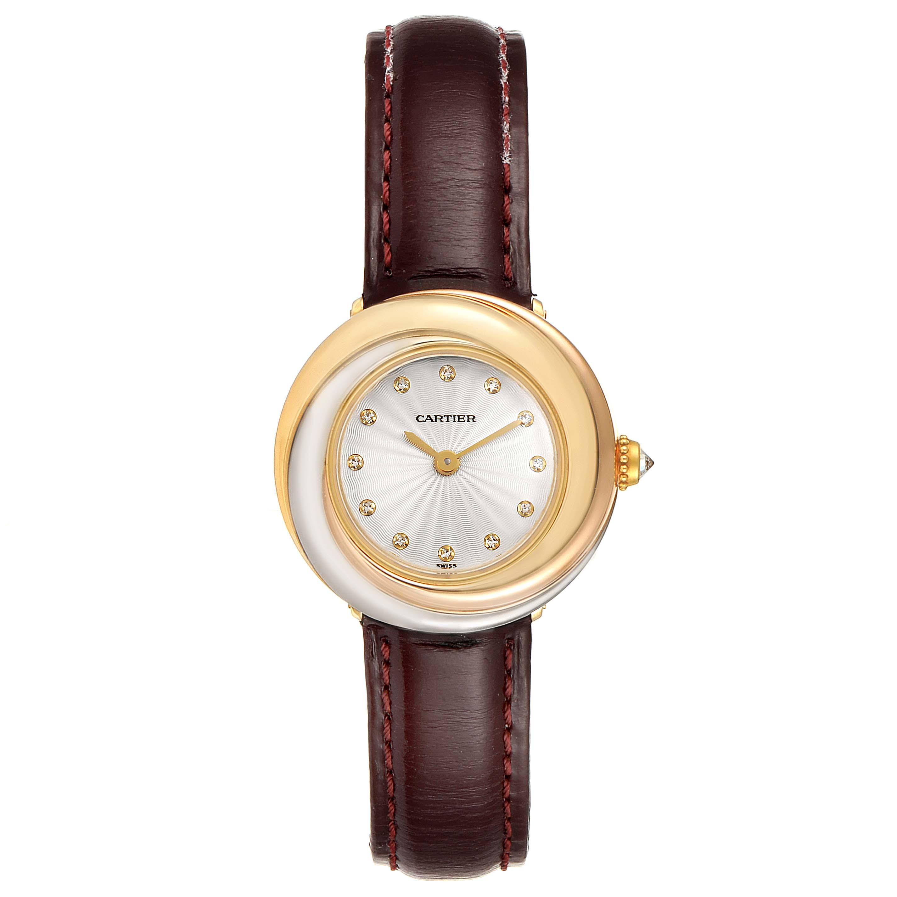 The image shows a Cartier Trinity W200246 Women's Yellow Gold Beige Dial W200246 Women's Yellow Gold Beige Dial model watch from a front view, highlighting the face, case, and brown leather strap.