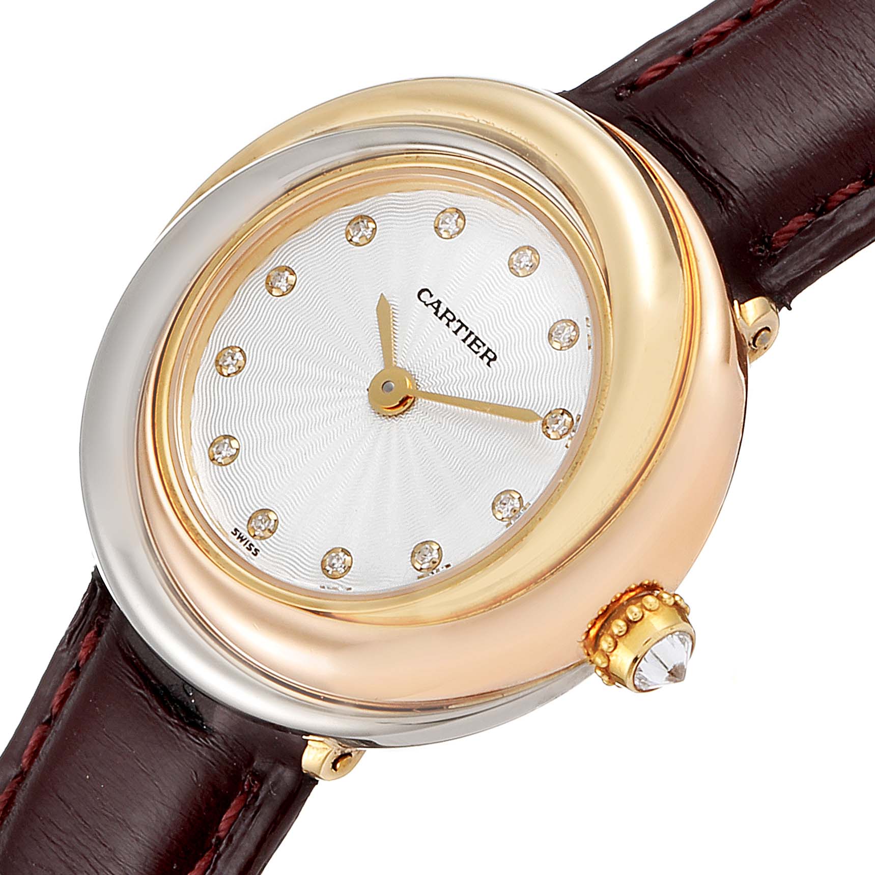 The image shows a Cartier Trinity W200246 Women's Yellow Gold Beige Dial W200246 Women's Yellow Gold Beige Dial model watch at an oblique angle, highlighting its dial, bezel, and part of the leather strap.