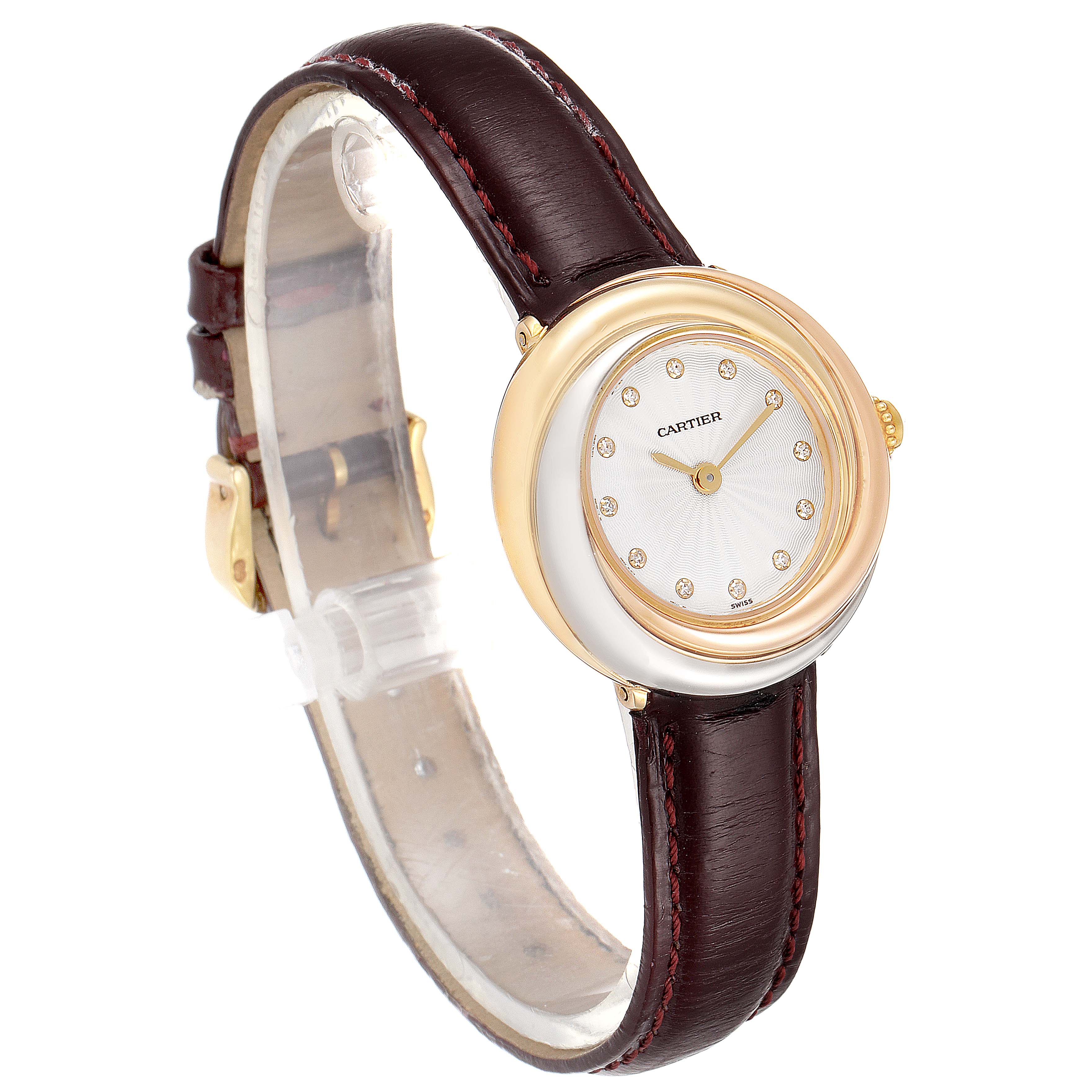 This image shows an angled view of the Cartier Trinity W200246 Women's Yellow Gold Beige Dial W200246 Women's Yellow Gold Beige Dial model watch, highlighting the face, bezel, strap, and clasp.