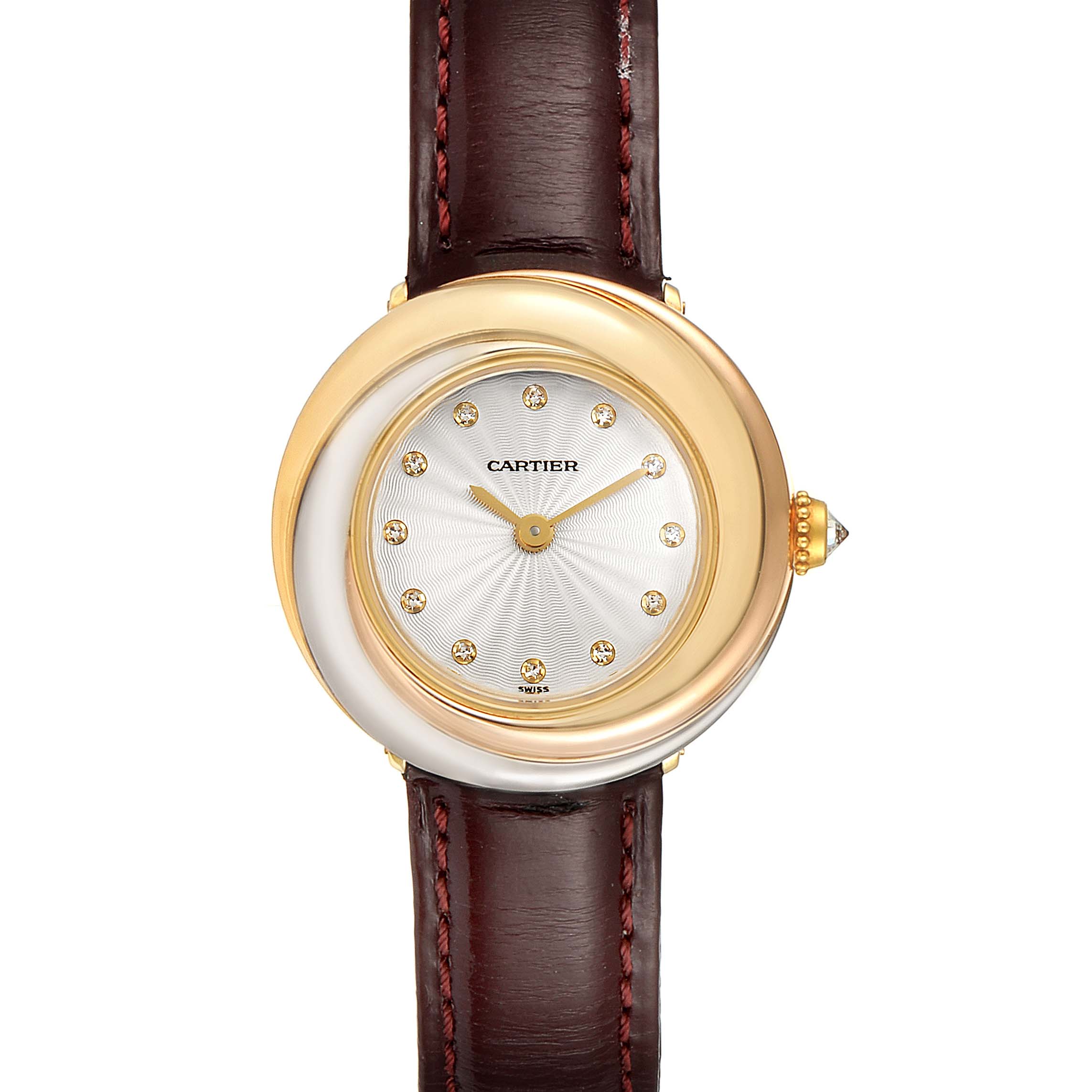 This image shows a frontal view of the Cartier Trinity W200246 Women's Yellow Gold Beige Dial W200246 Women's Yellow Gold Beige Dial model watch, displaying the dial, bezel, strap, and crown.