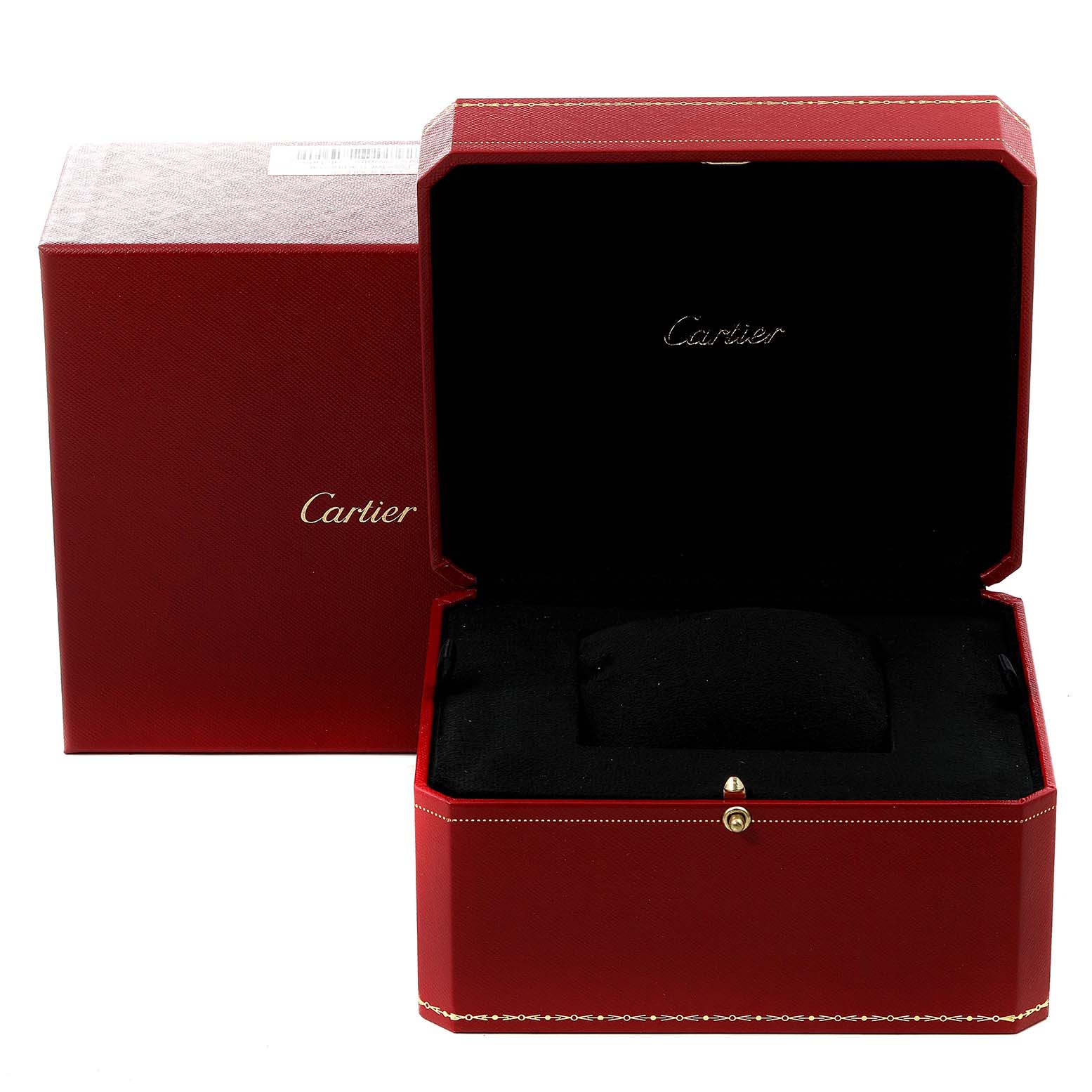 This image shows an open Cartier Trinity W200246 Women's Yellow Gold Beige Dial W200246 Women's Yellow Gold Beige Dial watch box, angled slightly from the front.