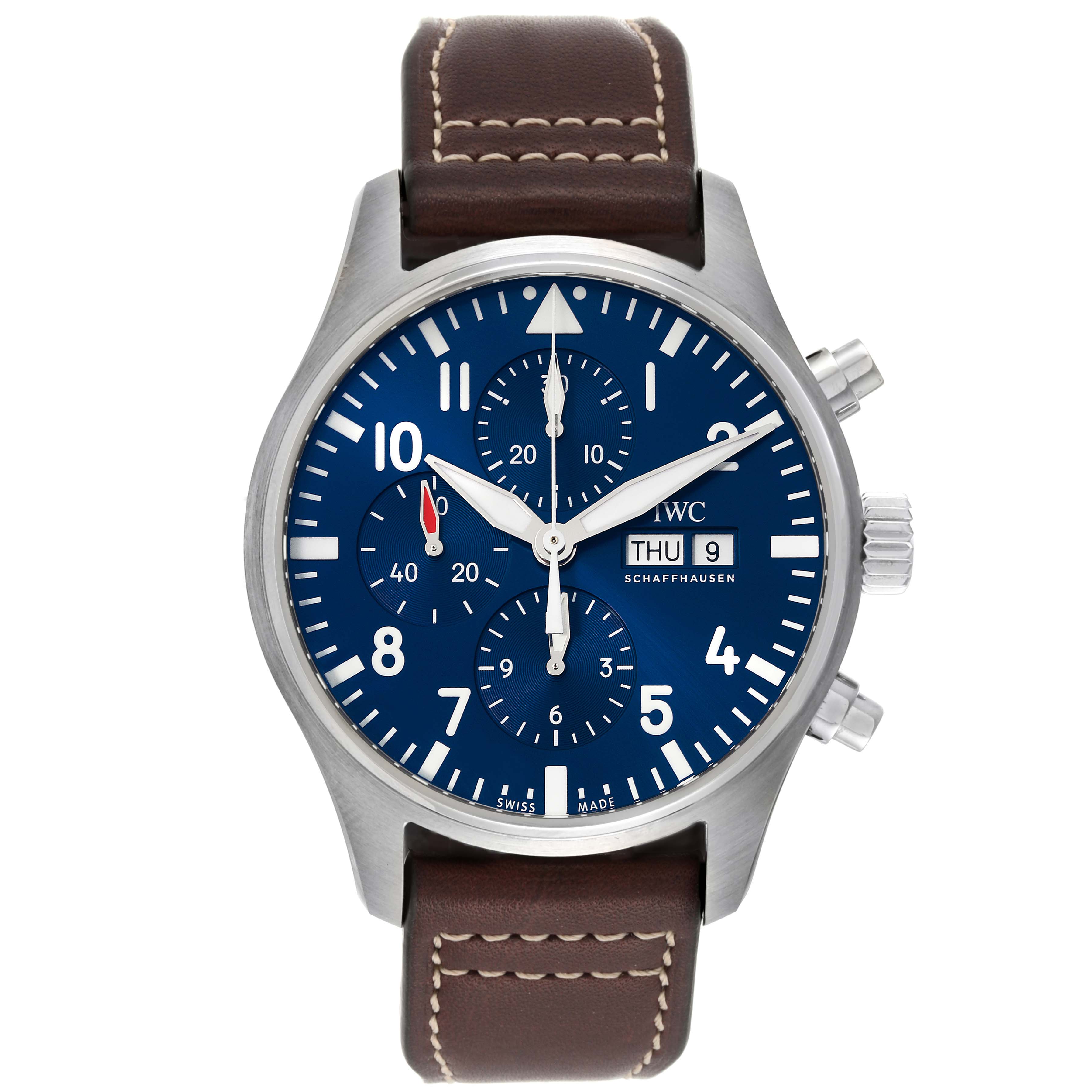 This is a frontal view of an IWC Pilot IW377714 Men's Stainless Steel Blue Dial IW377714 Men's Stainless Steel Blue Dial model watch, showcasing its blue dial, chronograph features, and brown leather strap.