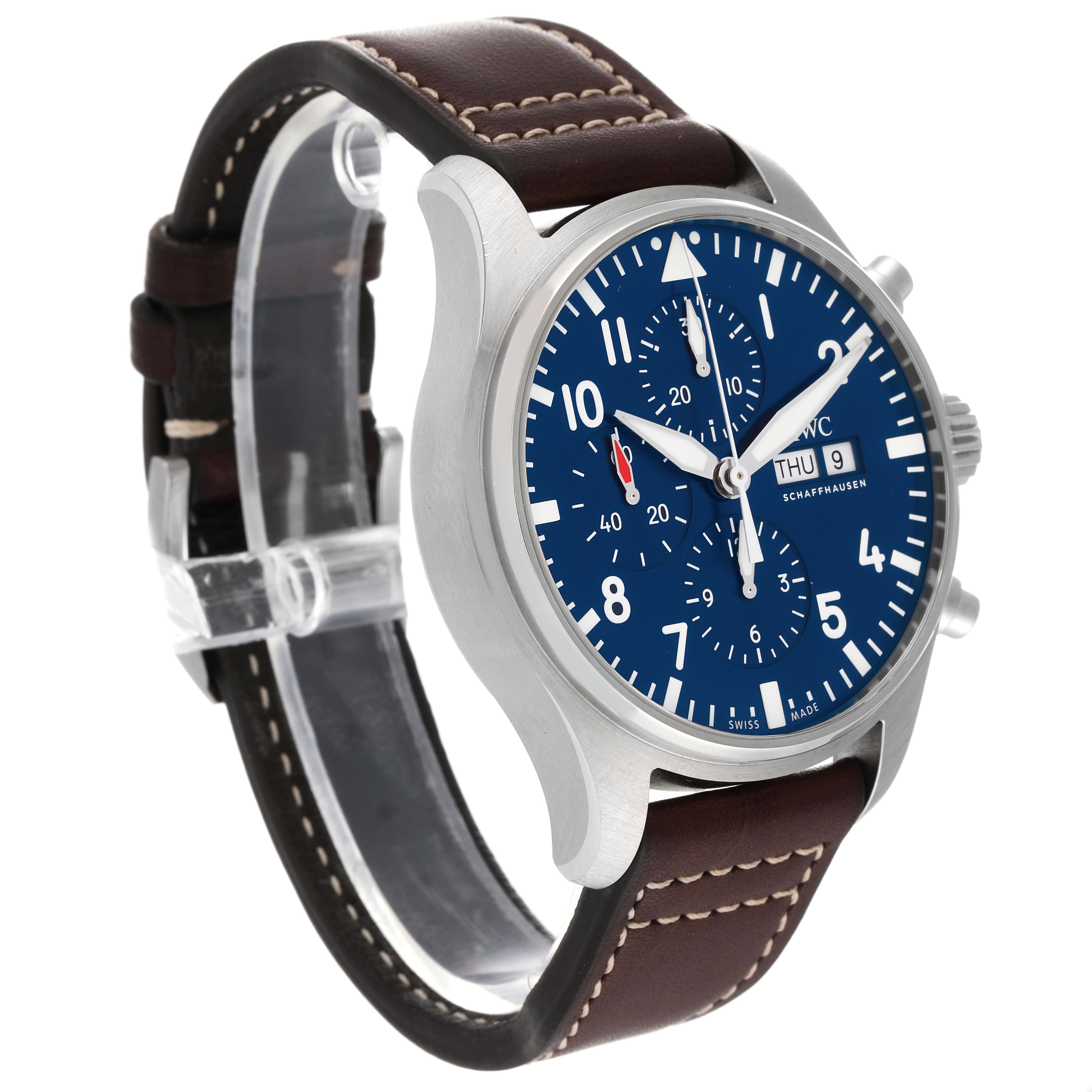 The IWC Pilot IW377714 Men's Stainless Steel Blue Dial IW377714 Men's Stainless Steel Blue Dial model watch is shown at a three-quarter angle, highlighting its blue dial, brown leather strap, and stainless steel case.