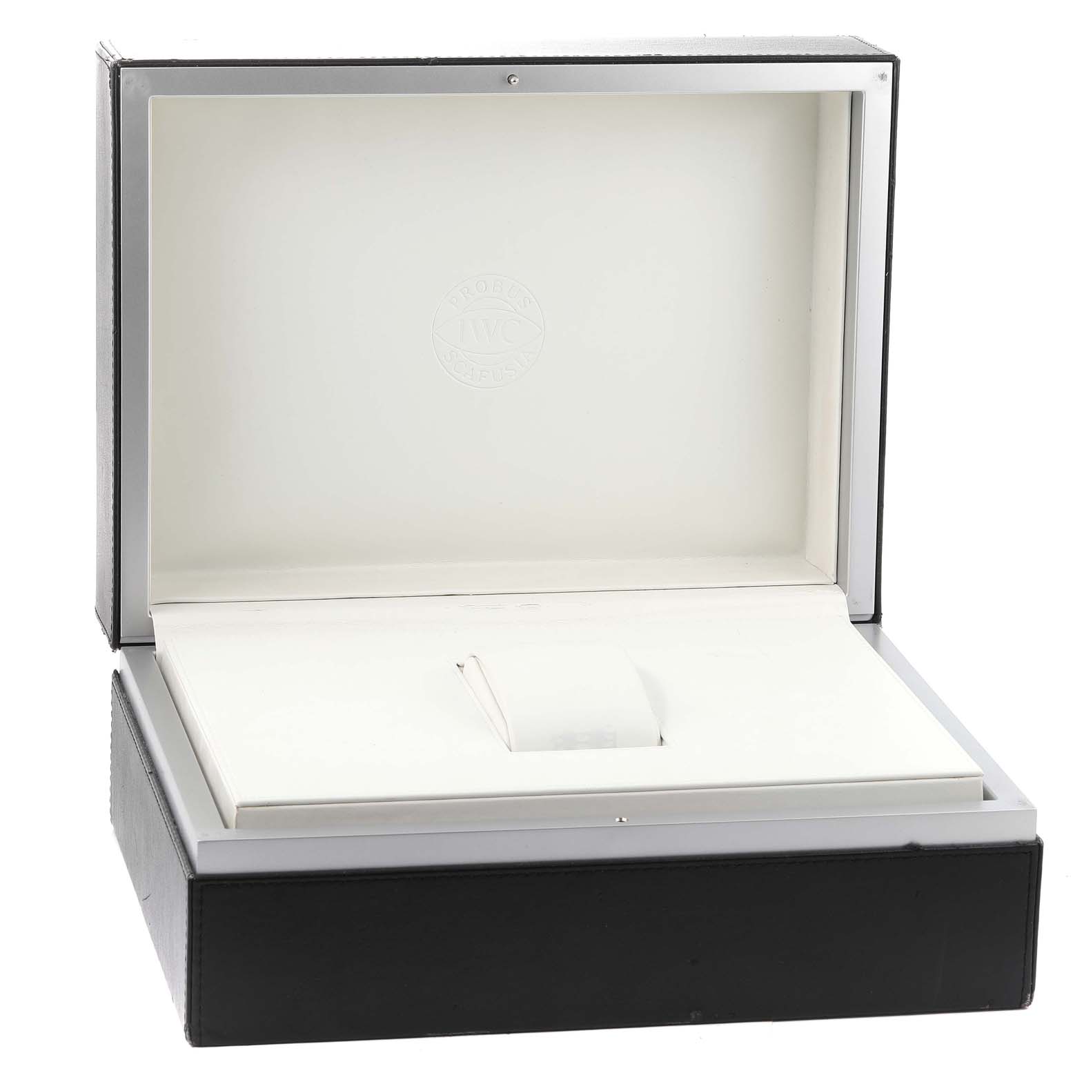 The image shows the open box for an IWC Pilot IW377714 Men's Stainless Steel Blue Dial IW377714 Men's Stainless Steel Blue Dial model watch, viewed from the front angle.