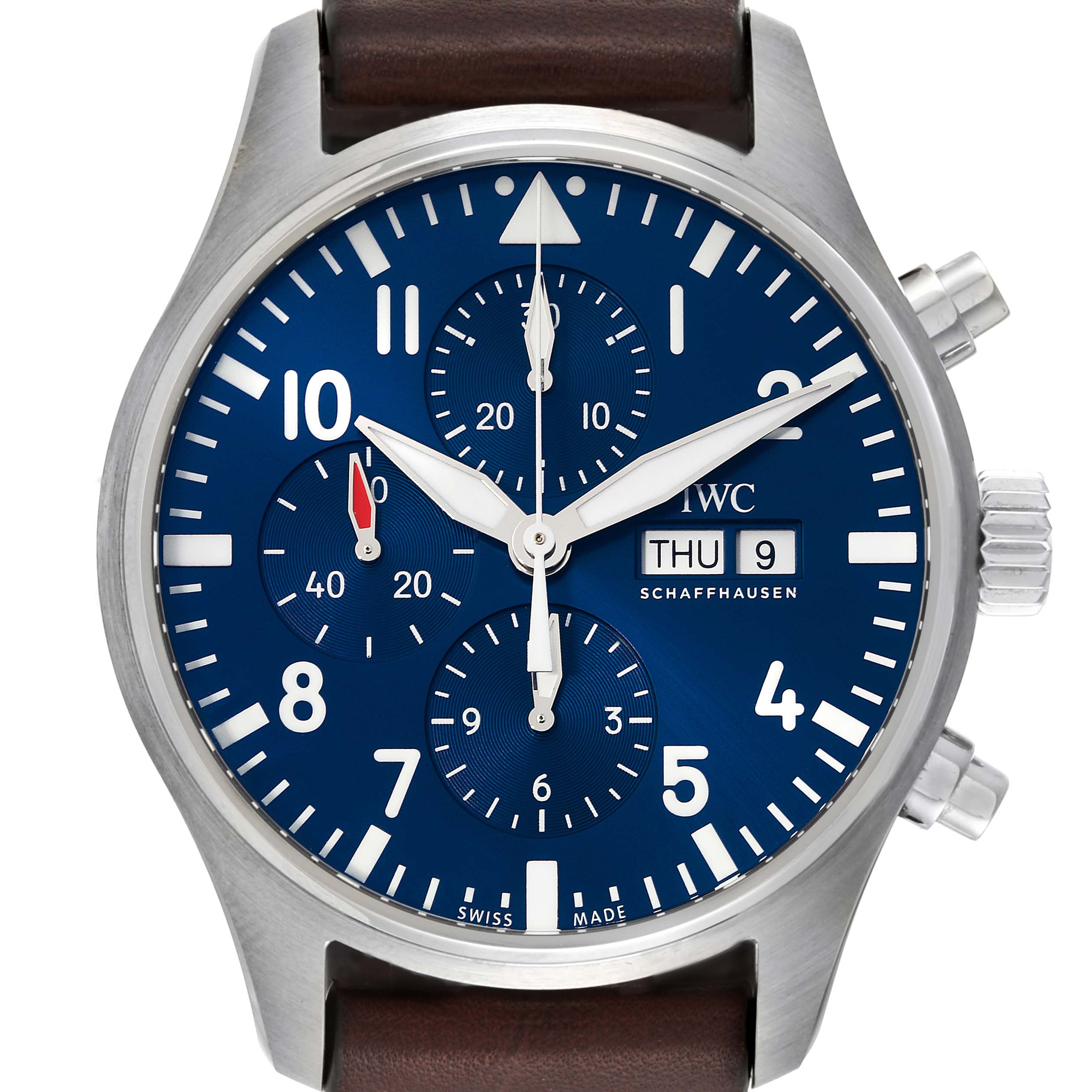 The image shows a close-up of the IWC Pilot IW377714 Men's Stainless Steel Blue Dial IW377714 Men's Stainless Steel Blue Dial watch model, displaying its face, crown, and pushers.