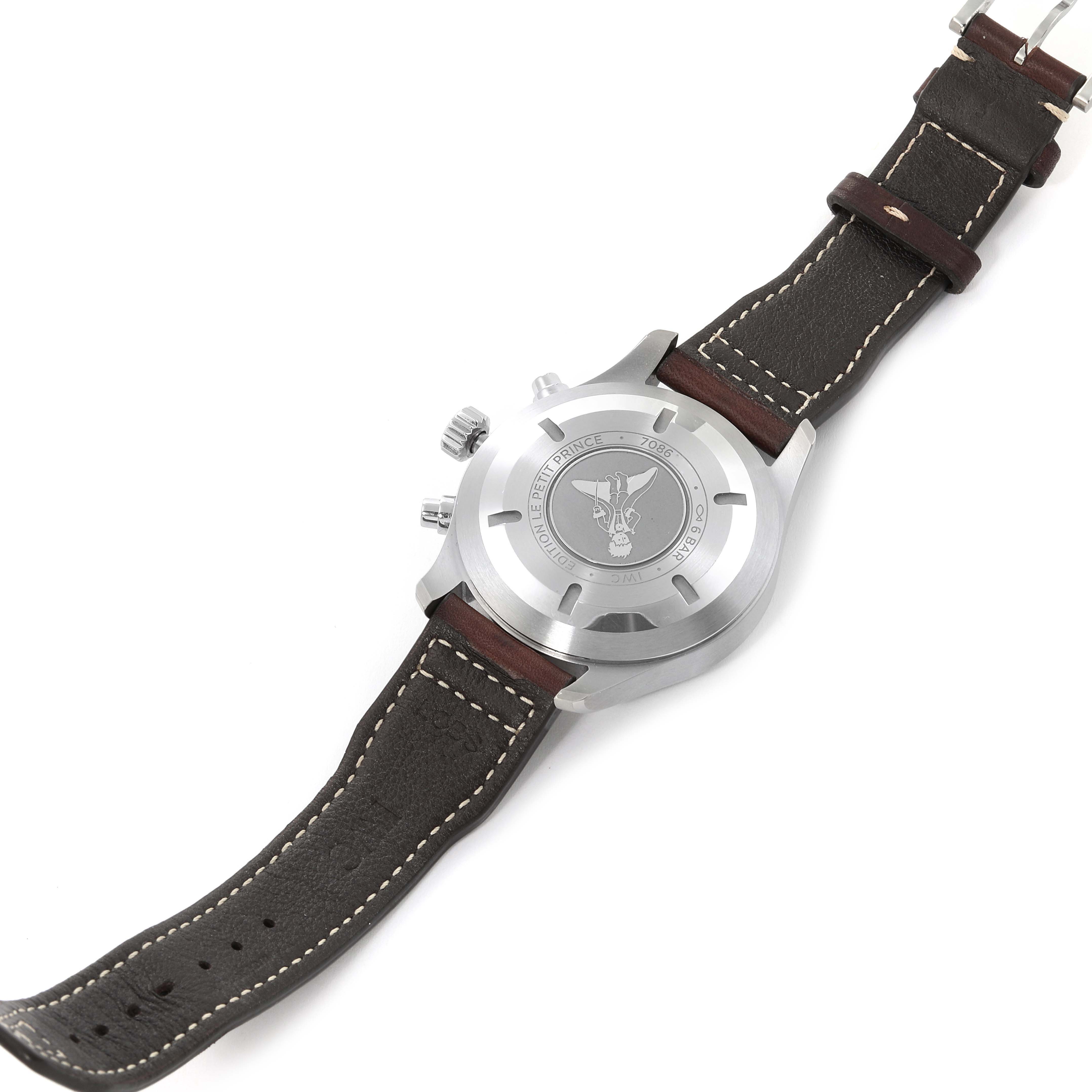 This image shows the back of the IWC Pilot IW377714 Men's Stainless Steel Blue Dial IW377714 Men's Stainless Steel Blue Dial model watch, displaying the case back and part of the leather strap.