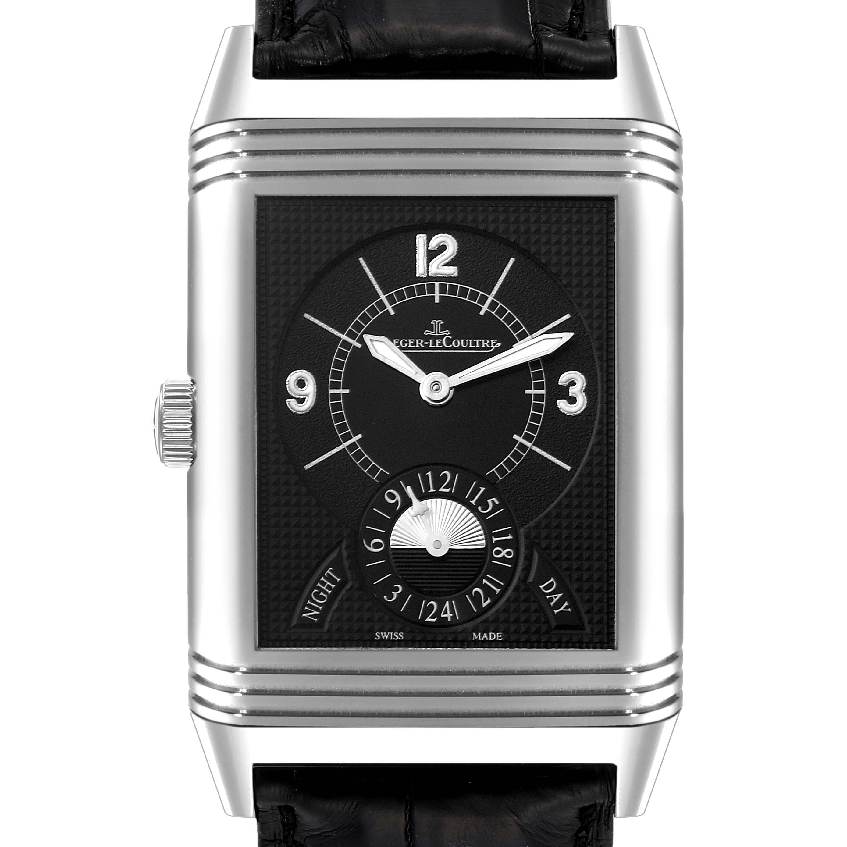 The image shows a front view of the Jaeger-LeCoultre Reverso watch, highlighting its dial, hands, and black leather strap.