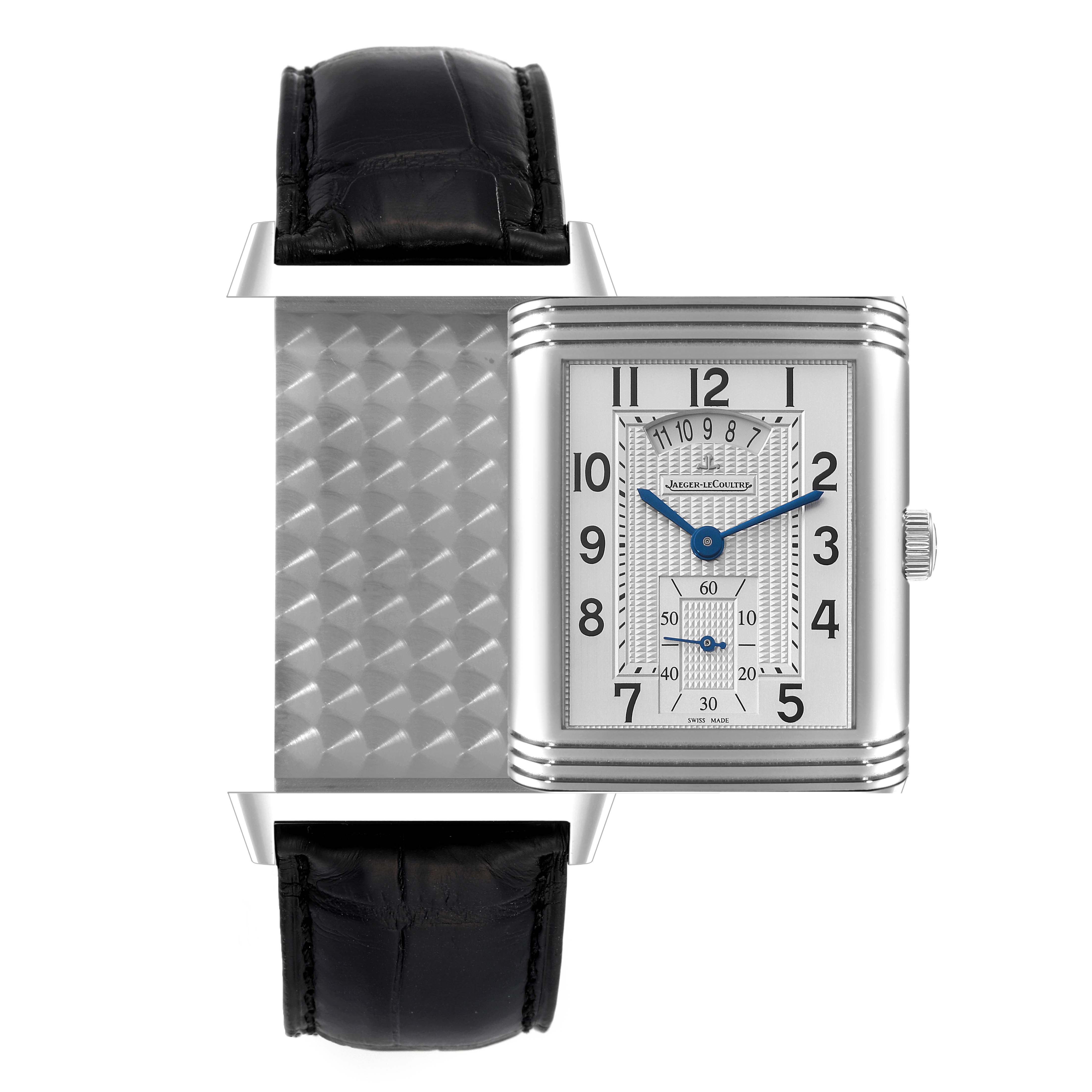 This Jaeger LeCoultre Reverso Q3748421 Men's Stainless Steel Silver Dial Q3748421 Men's Stainless Steel Silver Dial watch is shown front-on, displaying its reversible rectangular case and black leather strap.
