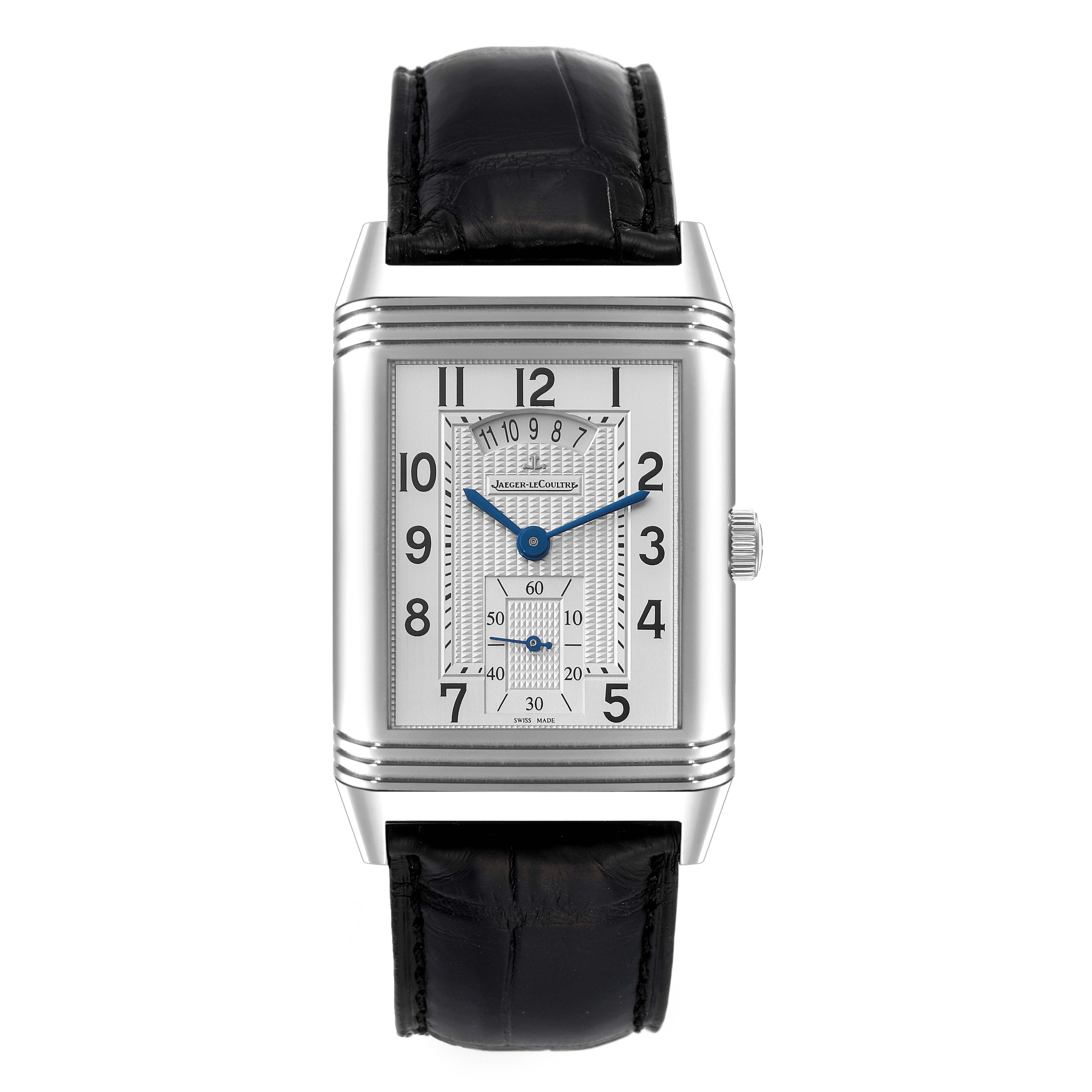 The image shows a front view of a Jaeger-LeCoultre Reverso watch, displaying its rectangular dial, blue hands, and black leather strap.