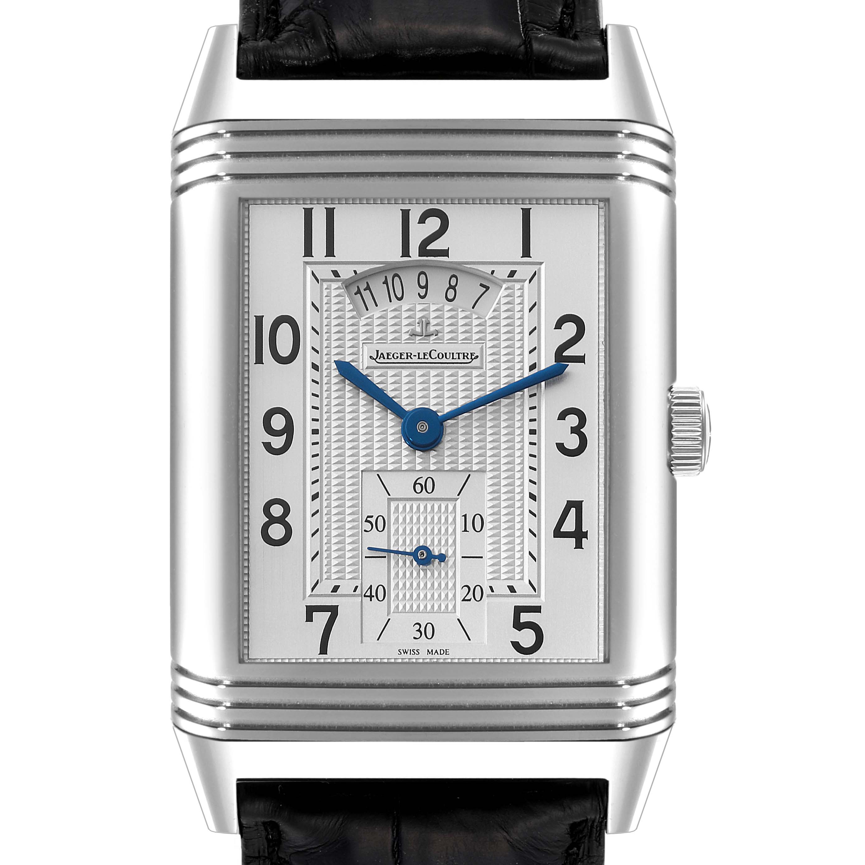 This image shows a front view of the Jaeger-LeCoultre Reverso watch, highlighting its rectangular dial, time markers, and crown.