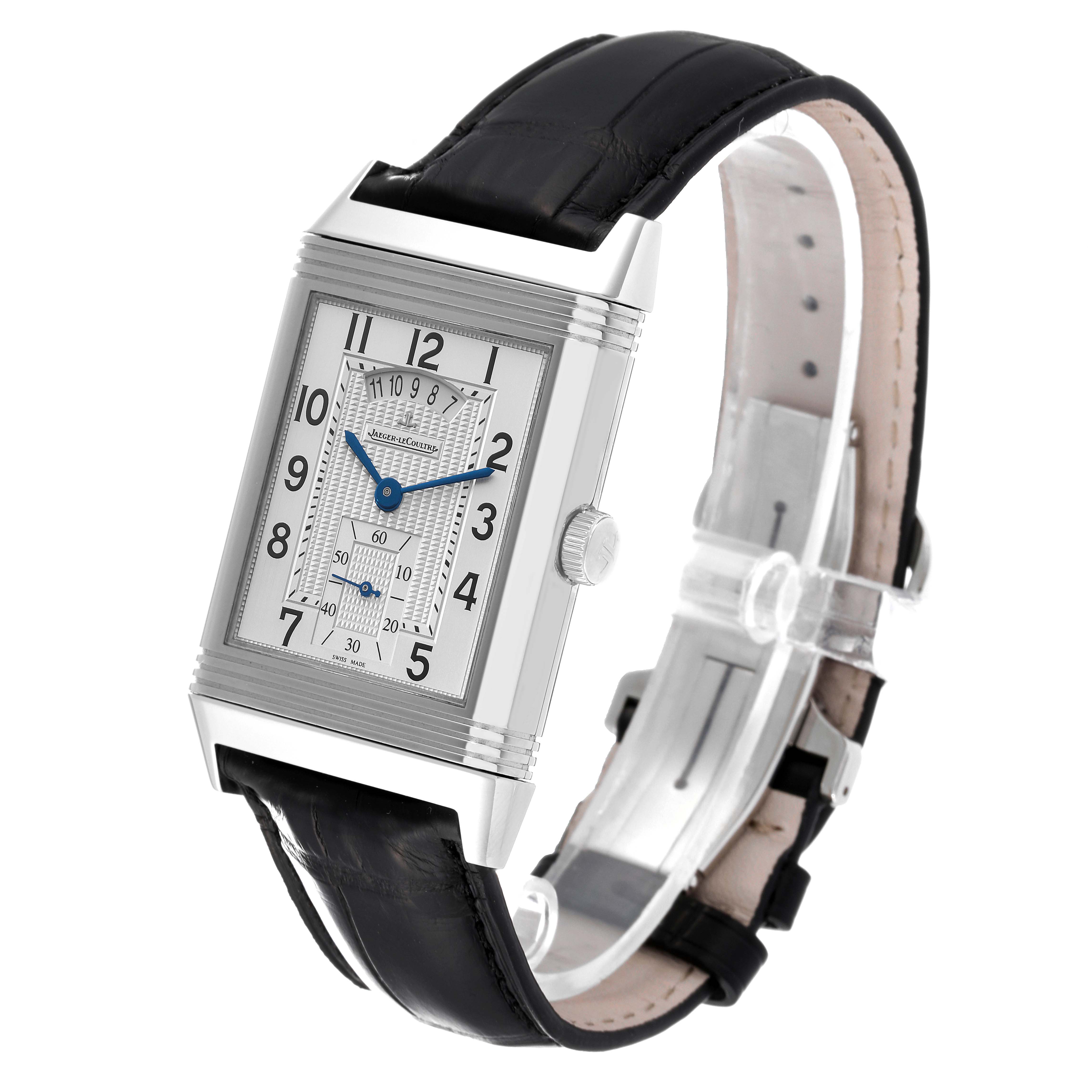 The image shows a Jaeger LeCoultre Reverso Q3748421 Men's Stainless Steel Silver Dial Q3748421 Men's Stainless Steel Silver Dial watch at an angle displaying its face, case, crown, and black leather strap.