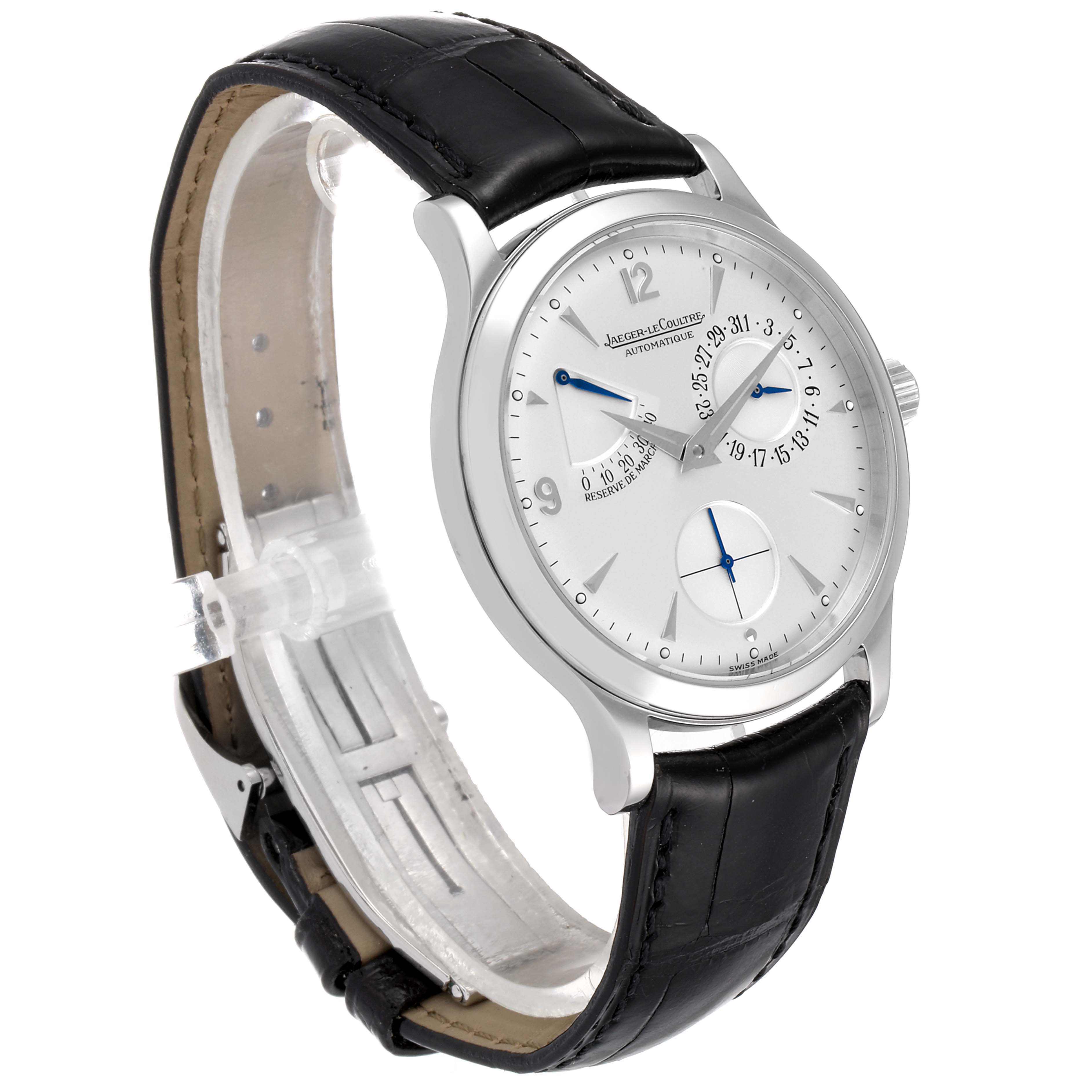 This Jaeger LeCoultre Master Q1488404 Men's Stainless Steel Silver Dial Q1488404 Men's Stainless Steel Silver Dial model watch is shown at a 3/4 angle, highlighting its face, case, dial, and black leather strap.