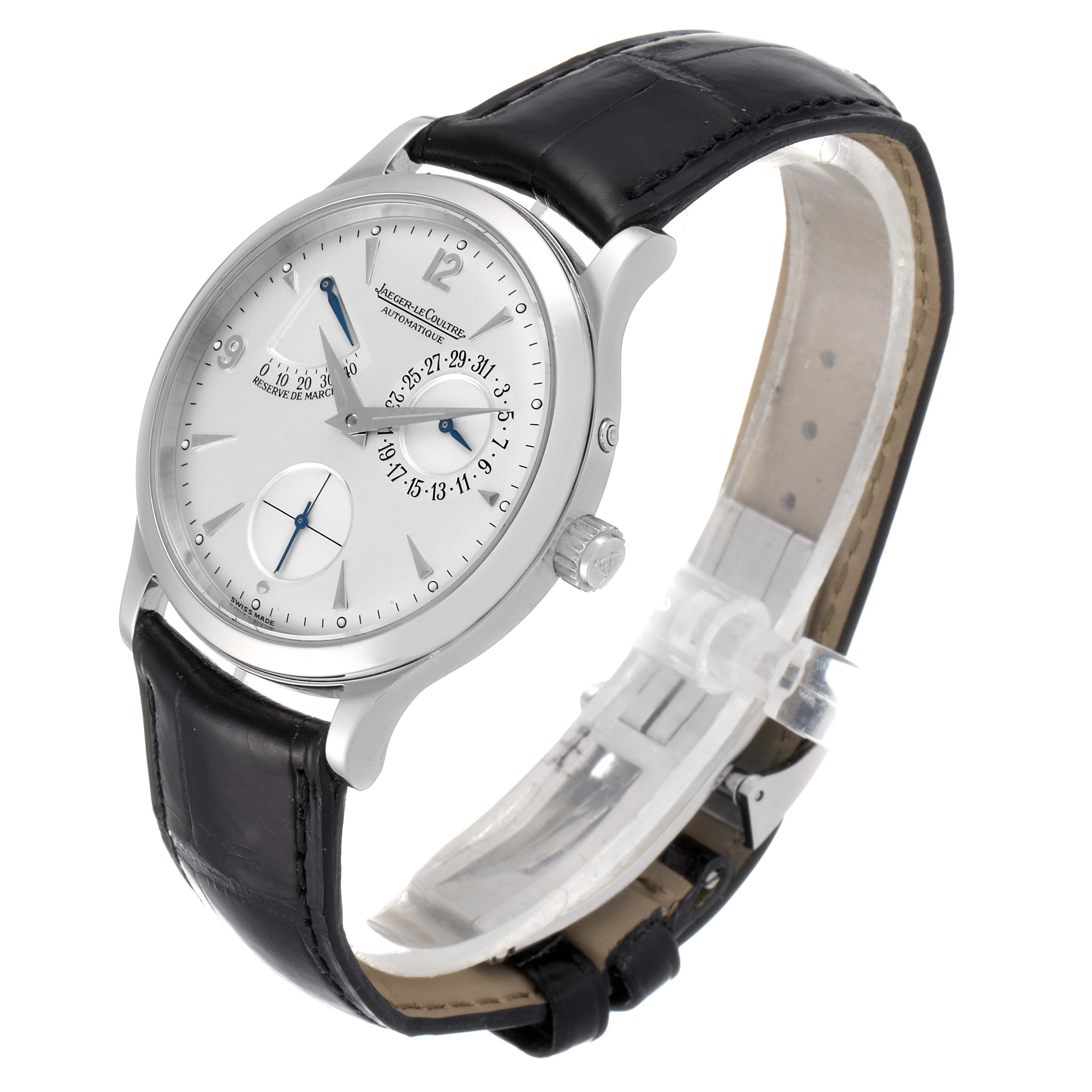 This Jaeger-LeCoultre Master watch is shown at a three-quarter angle, highlighting the dial, crown, and black leather strap.