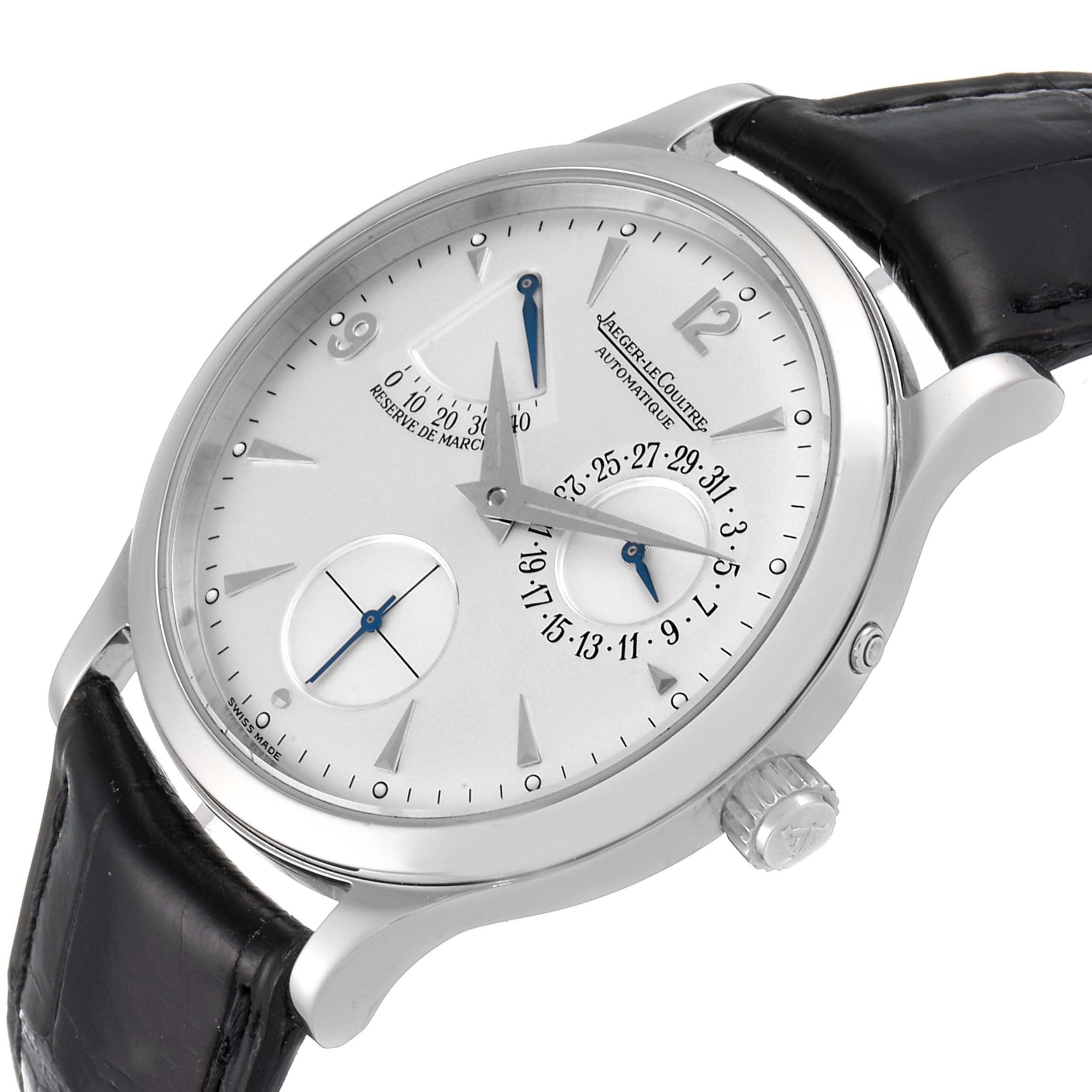 The image shows a Jaeger LeCoultre Master Q1488404 Men's Stainless Steel Silver Dial Q1488404 Men's Stainless Steel Silver Dial model watch at an oblique angle highlighting the face, bezel, crown, and leather strap.