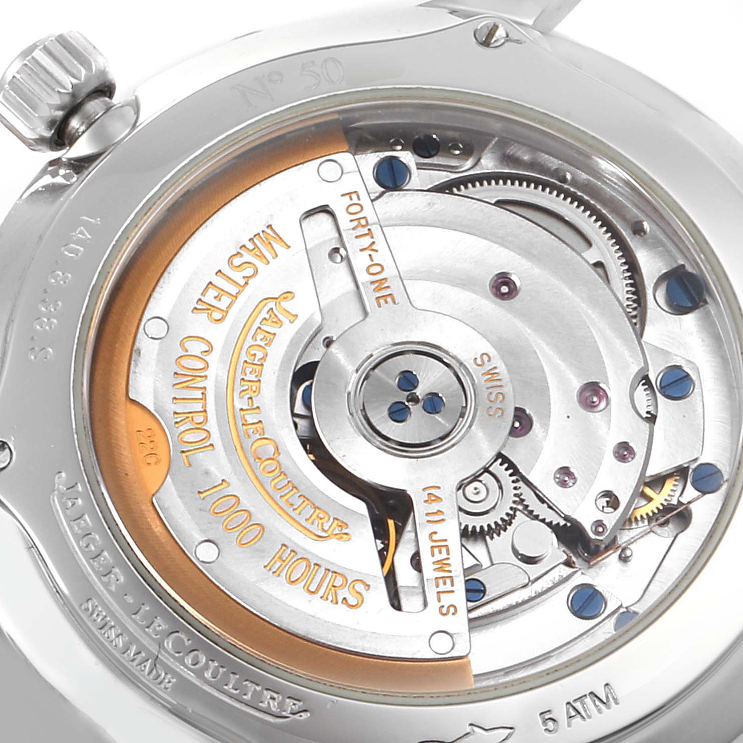 The image shows the back view of a Jaeger-LeCoultre Master model watch, revealing its intricate movement and details.