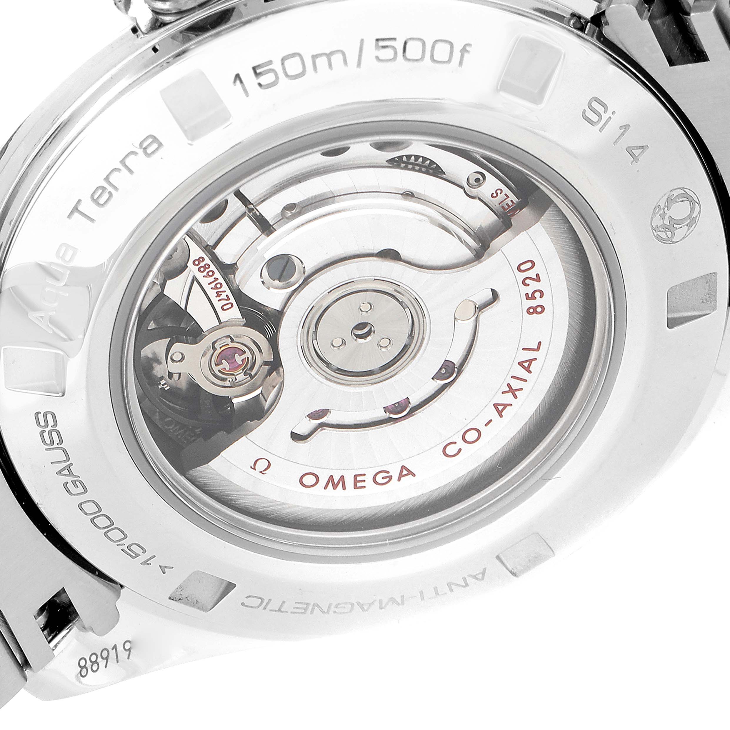 The image shows the back view of the Omega Aqua Terra 231.15.34.20.57.001 Men's Stainless Steel Mother of Pearl Dial 231.15.34.20.57.001 Men's Stainless Steel Mother of Pearl Dial watch, highlighting its movement and specifications.