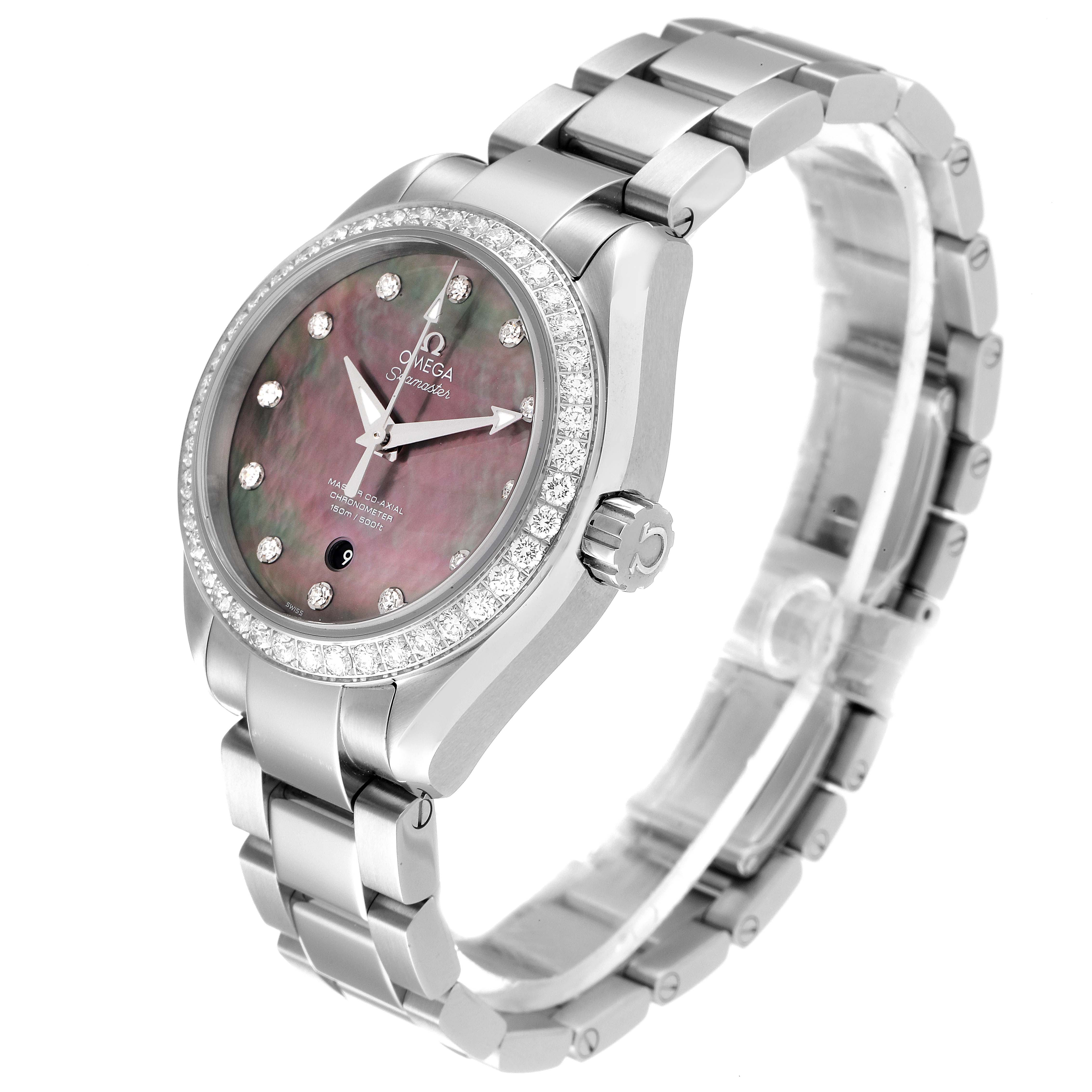 This image shows an angled view of the Omega Aqua Terra 231.15.34.20.57.001 Men's Stainless Steel Mother of Pearl Dial 231.15.34.20.57.001 Men's Stainless Steel Mother of Pearl Dial watch, highlighting the face, bezel, crown, and bracelet.