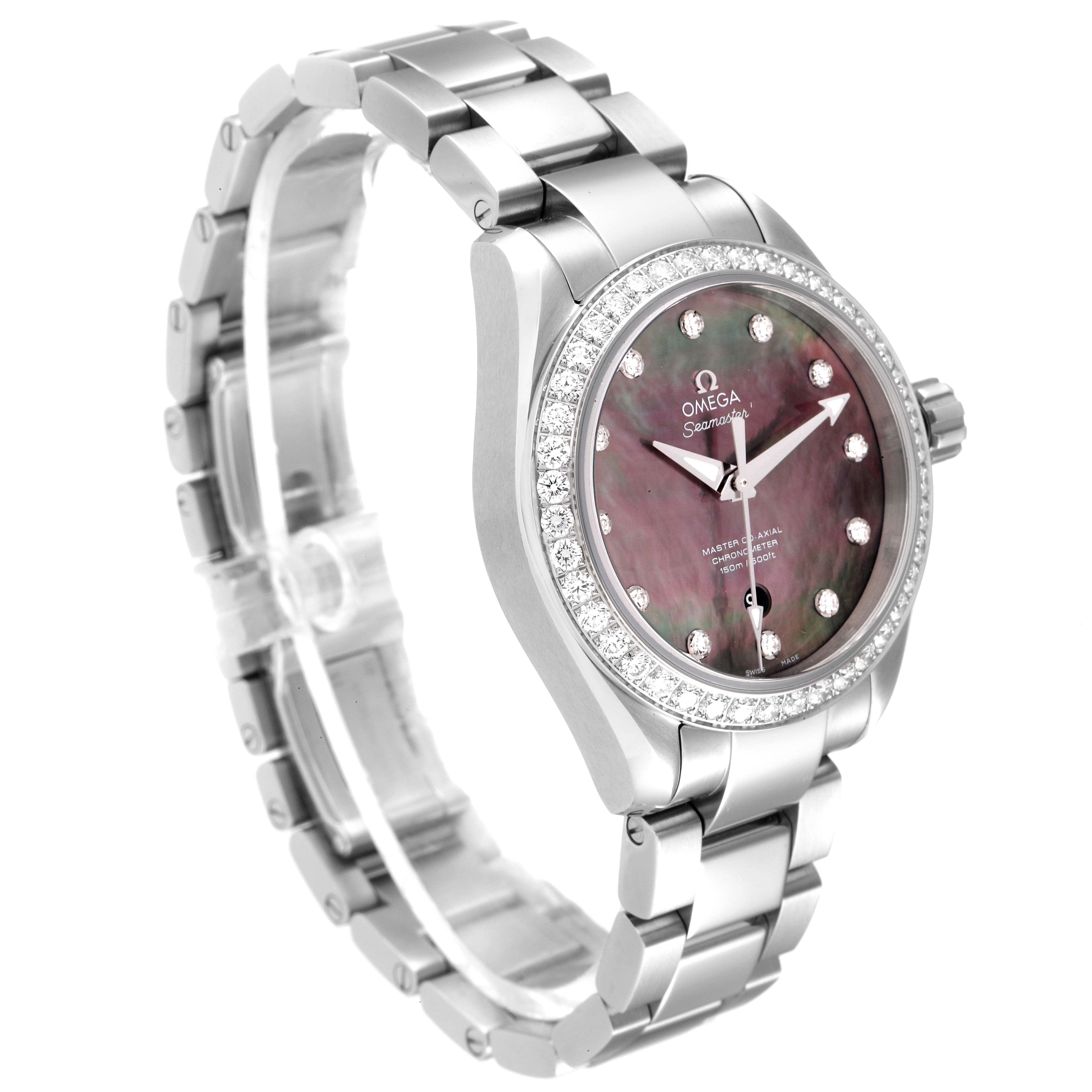 The image shows a front-side view of an Omega Aqua Terra 231.15.34.20.57.001 Men's Stainless Steel Mother of Pearl Dial 231.15.34.20.57.001 Men's Stainless Steel Mother of Pearl Dial watch, highlighting its face, bezel, and bracelet.