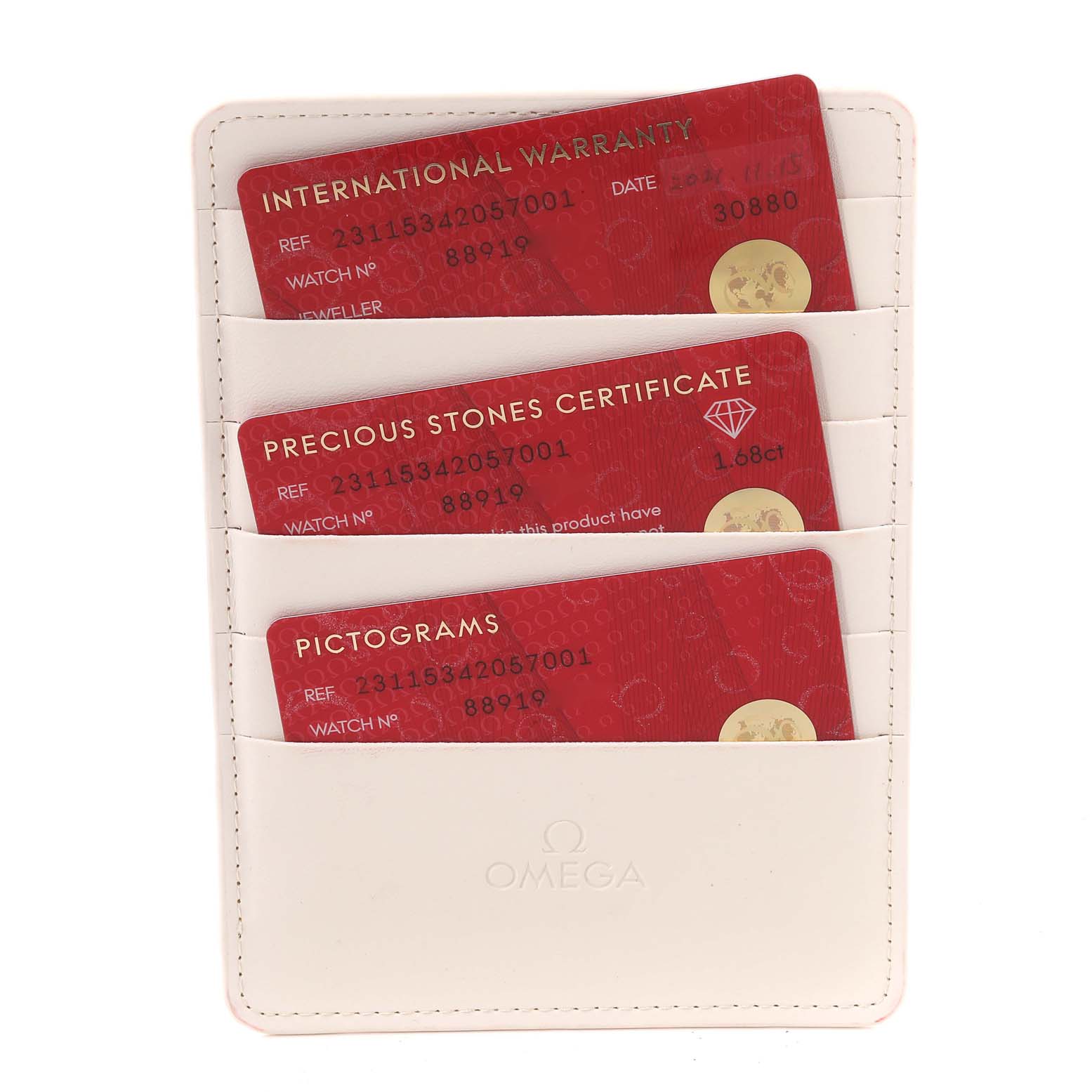 The image shows warranty and certification cards in a holder for the Omega Aqua Terra 231.15.34.20.57.001 Men's Stainless Steel Mother of Pearl Dial 231.15.34.20.57.001 Men's Stainless Steel Mother of Pearl Dial model.