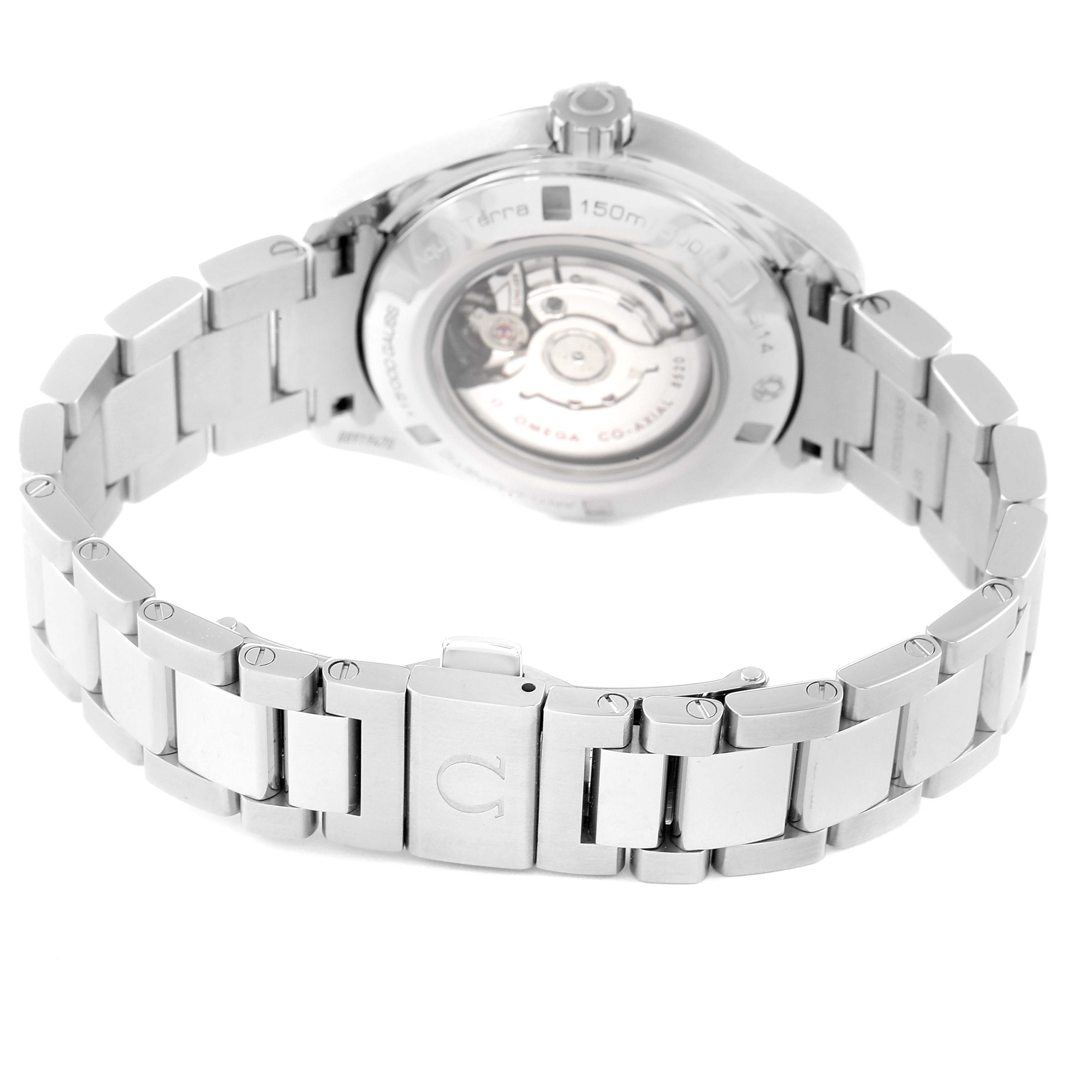 The image shows the back view of the Omega Aqua Terra 231.15.34.20.57.001 Men's Stainless Steel Mother of Pearl Dial 231.15.34.20.57.001 Men's Stainless Steel Mother of Pearl Dial watch, highlighting the case back and metal bracelet.