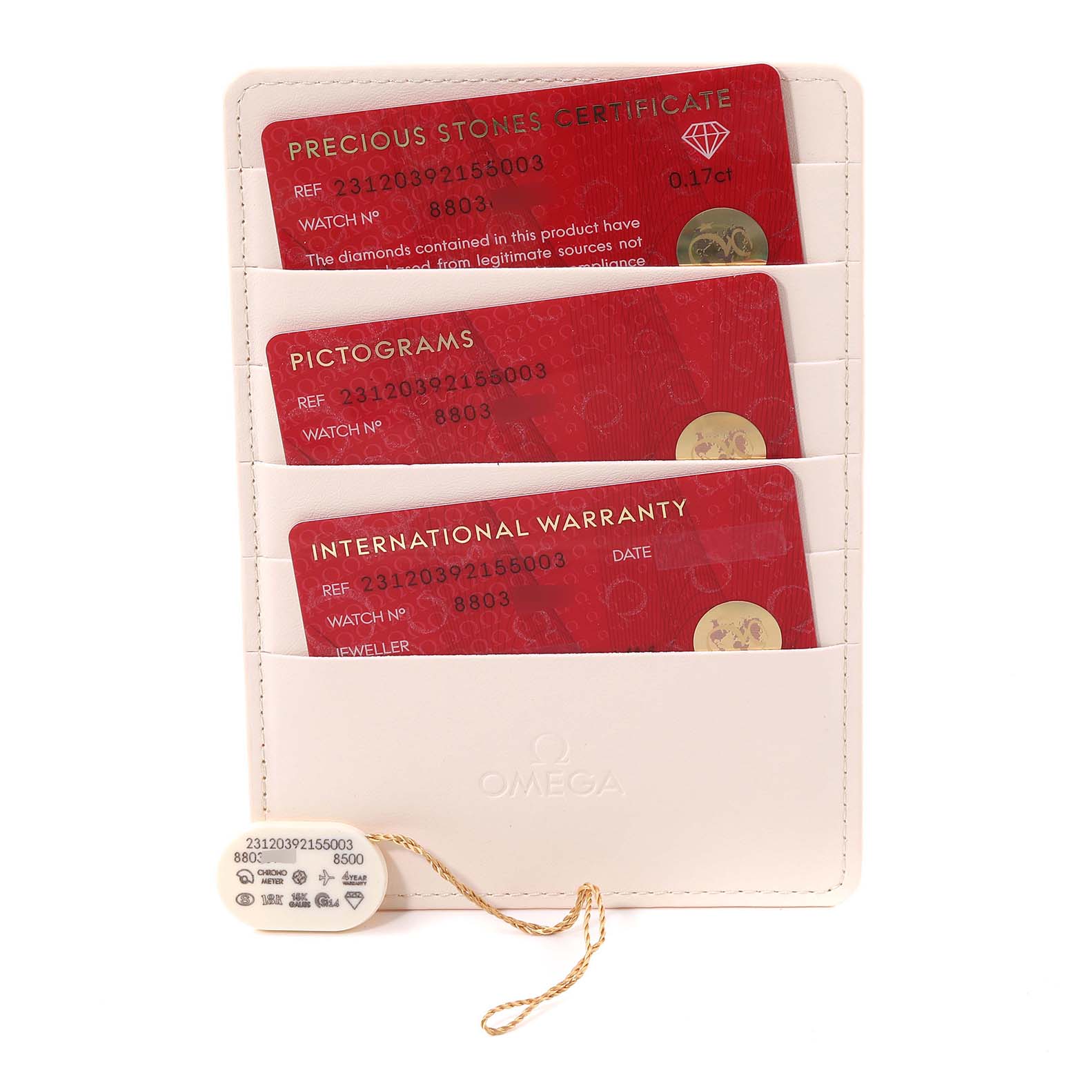 The image shows a set of certification and warranty cards for the Omega 231.20.39.21.55.003 Women's Steel and Gold (two tone) Mother of Pearl Dial 231.20.39.21.55.003 Women's Steel and Gold (two tone) Mother of Pearl Dial Aqua Terra Rose Gold Mother of Pearl Diamond Ladies Watch 231.20.39.21.55.003, along with a tag.