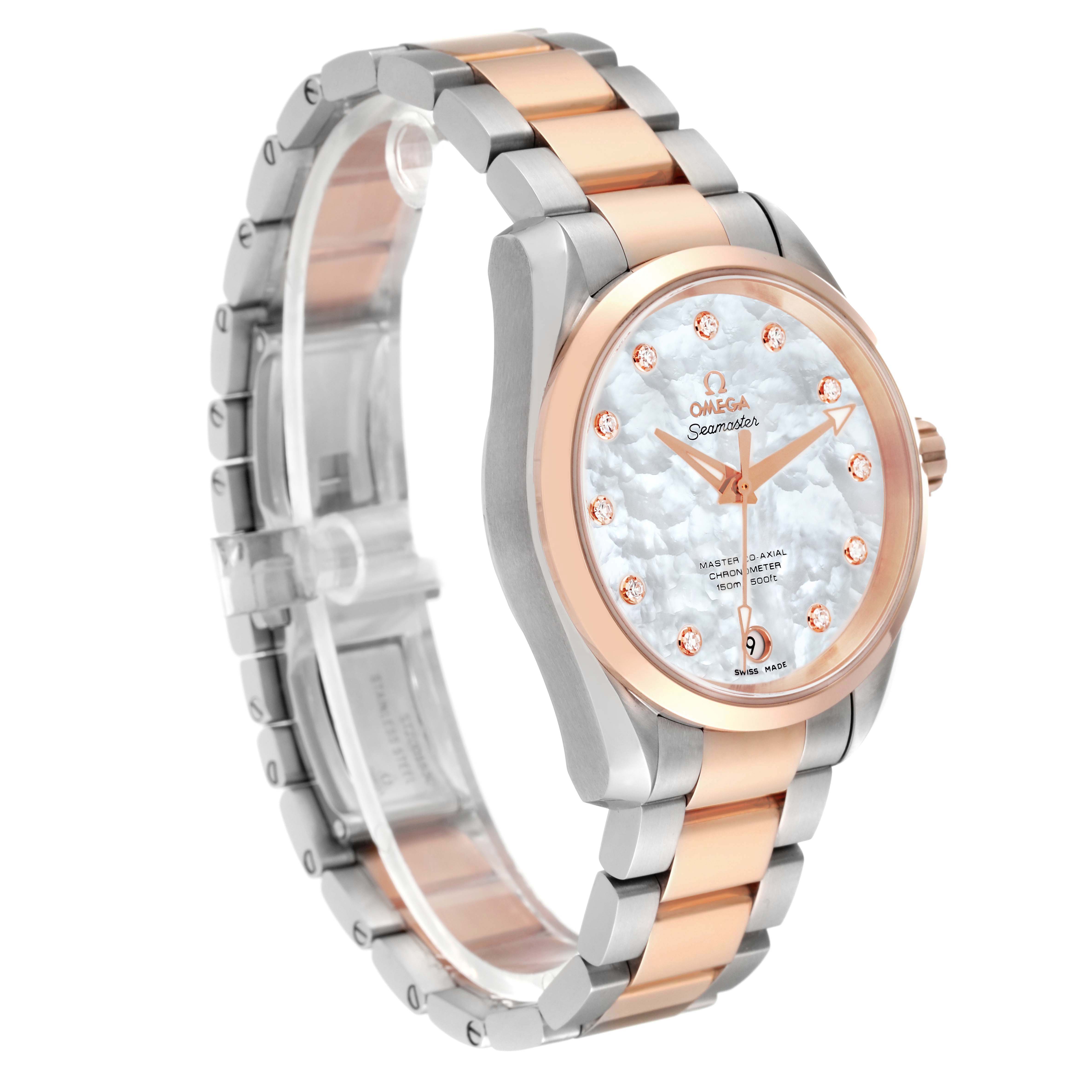 The Omega 231.20.39.21.55.003 Women's Steel and Gold (two tone) Mother of Pearl Dial Aqua Terra watch is shown at a 3/4 angle, highlighting the bracelet, rose gold accents, and mother of pearl dial.