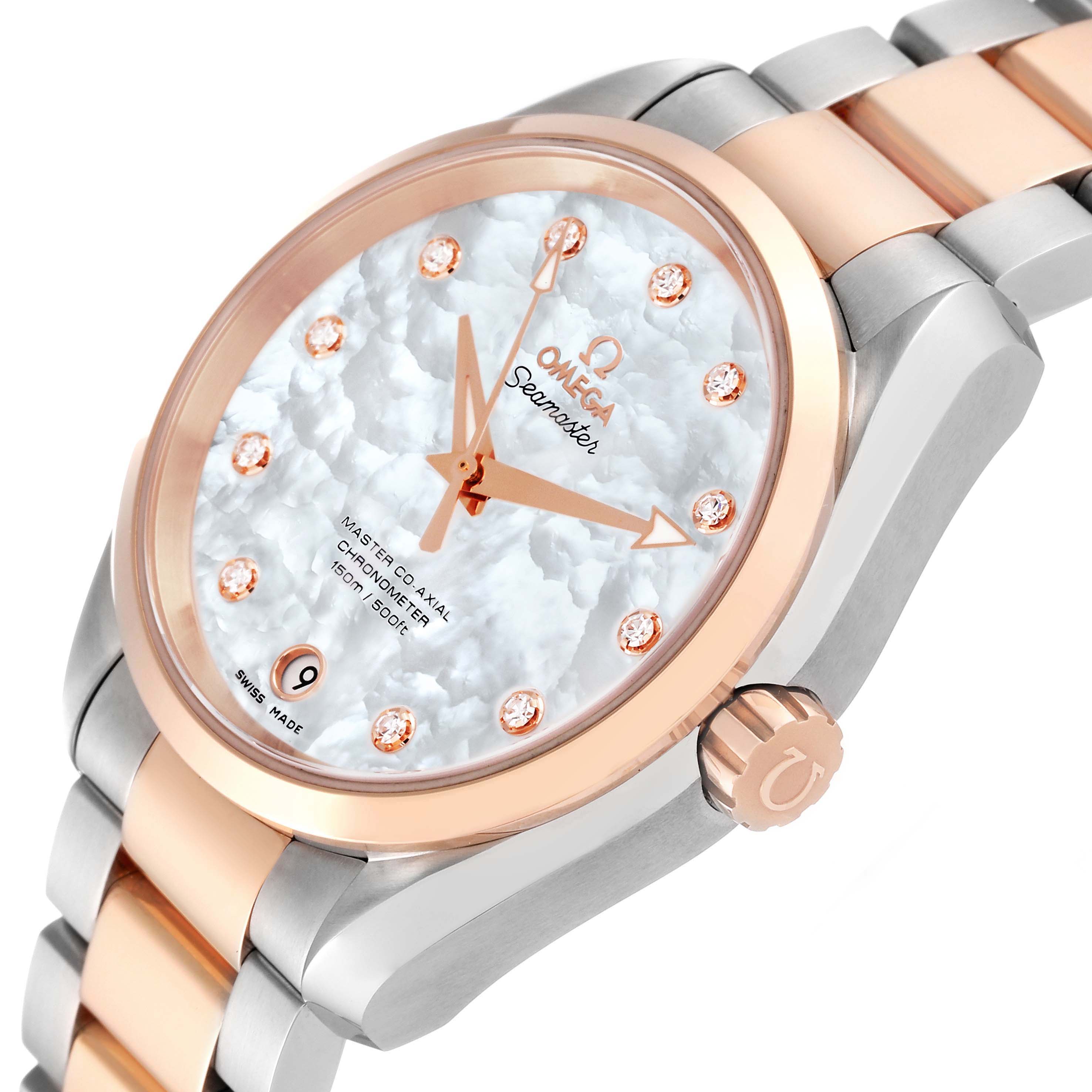 The Omega 231.20.39.21.55.003 Women's Steel and Gold (two tone) Mother of Pearl Dial Aqua Terra Rose Gold watch is shown at a tilted angle focusing on the dial, bezel, crown, and bracelet.