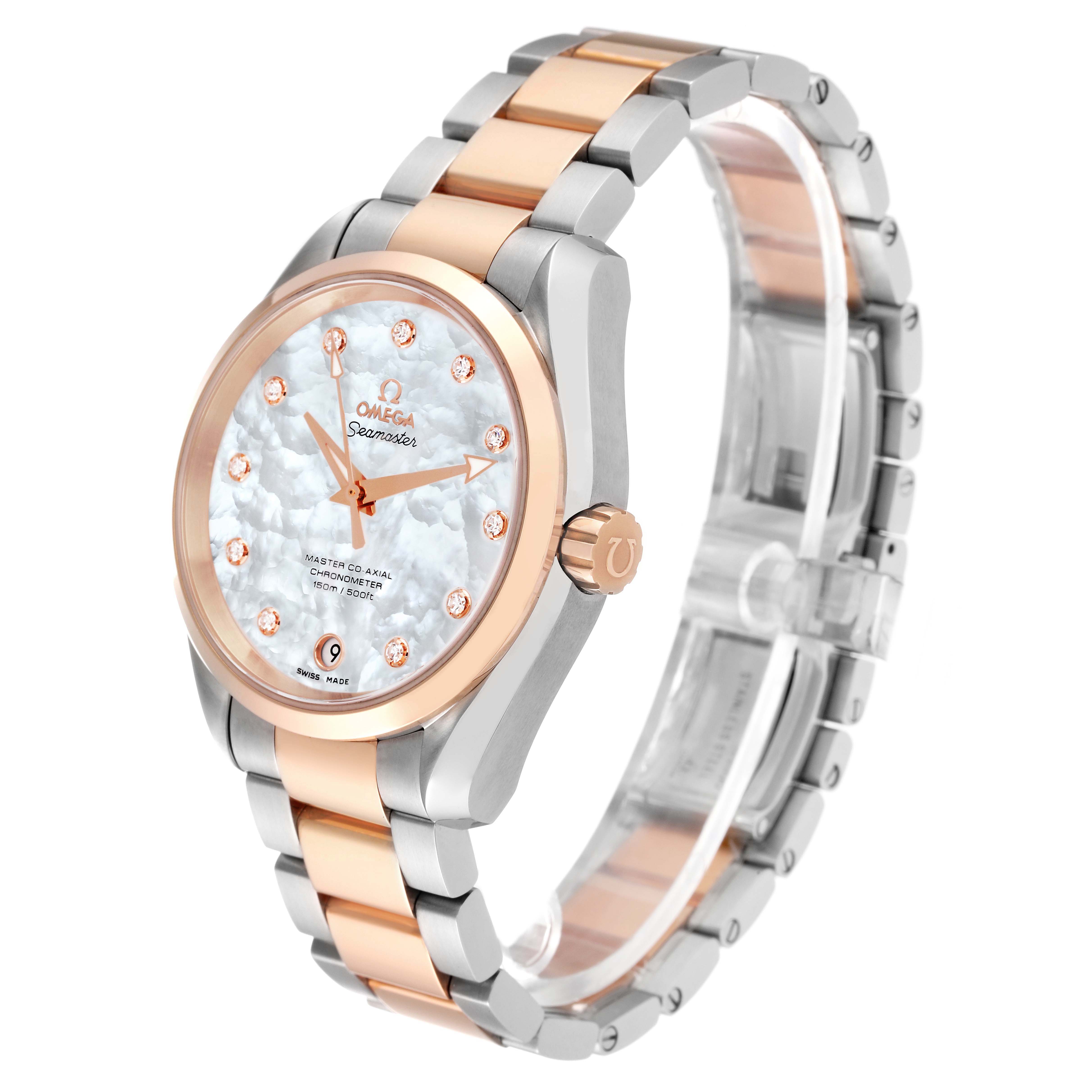 The Omega 231.20.39.21.55.003 Women's Steel and Gold (two tone) Mother of Pearl Dial Aqua Terra watch is shown at a side angle, displaying the face, rose gold bezel, and two-tone bracelet.