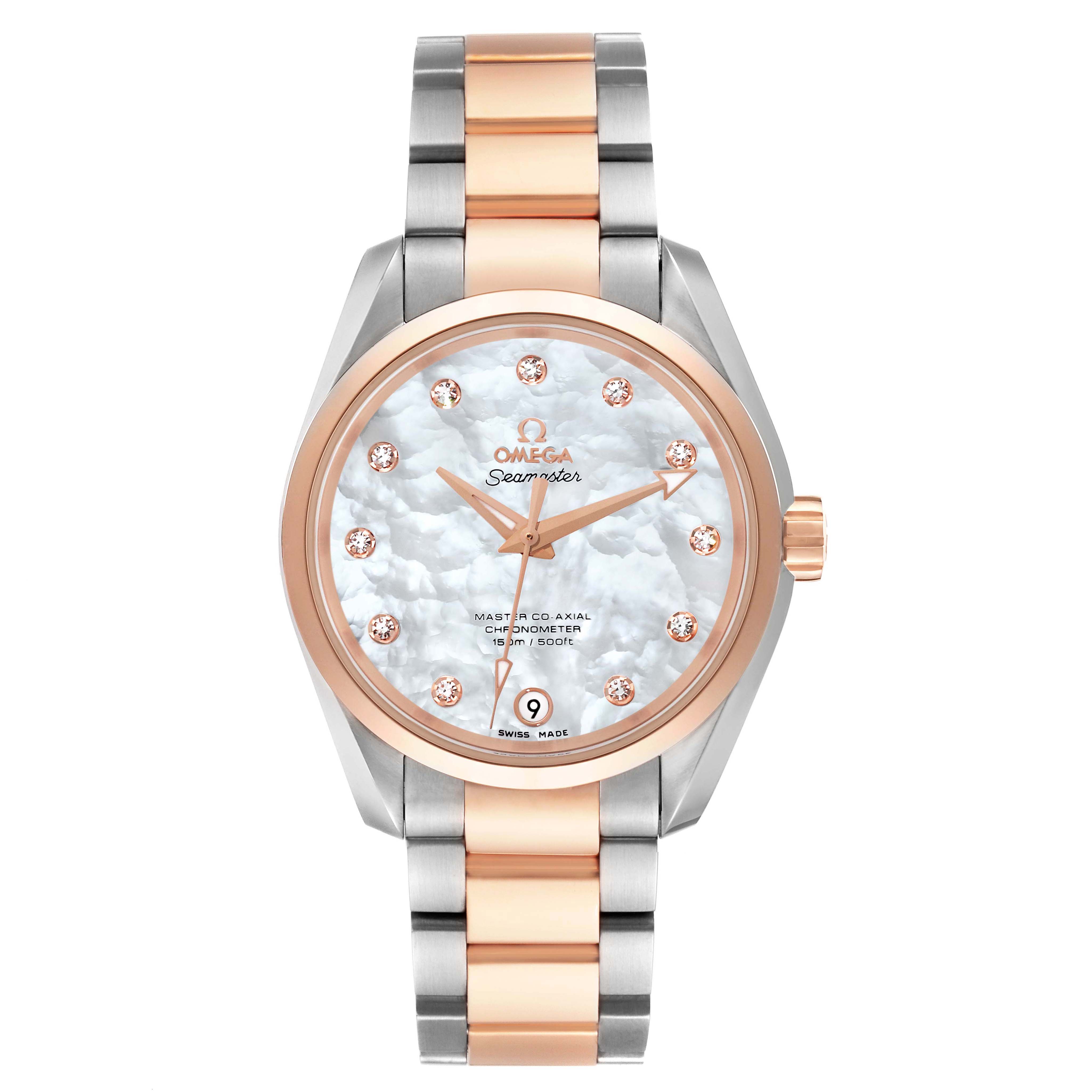 The Omega 231.20.39.21.55.003 Women's Steel and Gold (two tone) Mother of Pearl Dial Aqua Terra watch is shown from a front angle, highlighting the face, rose gold bezel, and bicolor bracelet.
