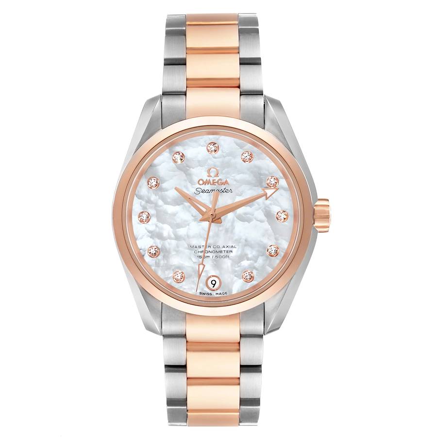 The Omega 231.20.39.21.55.003 Women's Steel and Gold (two tone) Mother of Pearl Dial Aqua Terra watch is shown from a front angle, highlighting the face, rose gold bezel, and bicolor bracelet.