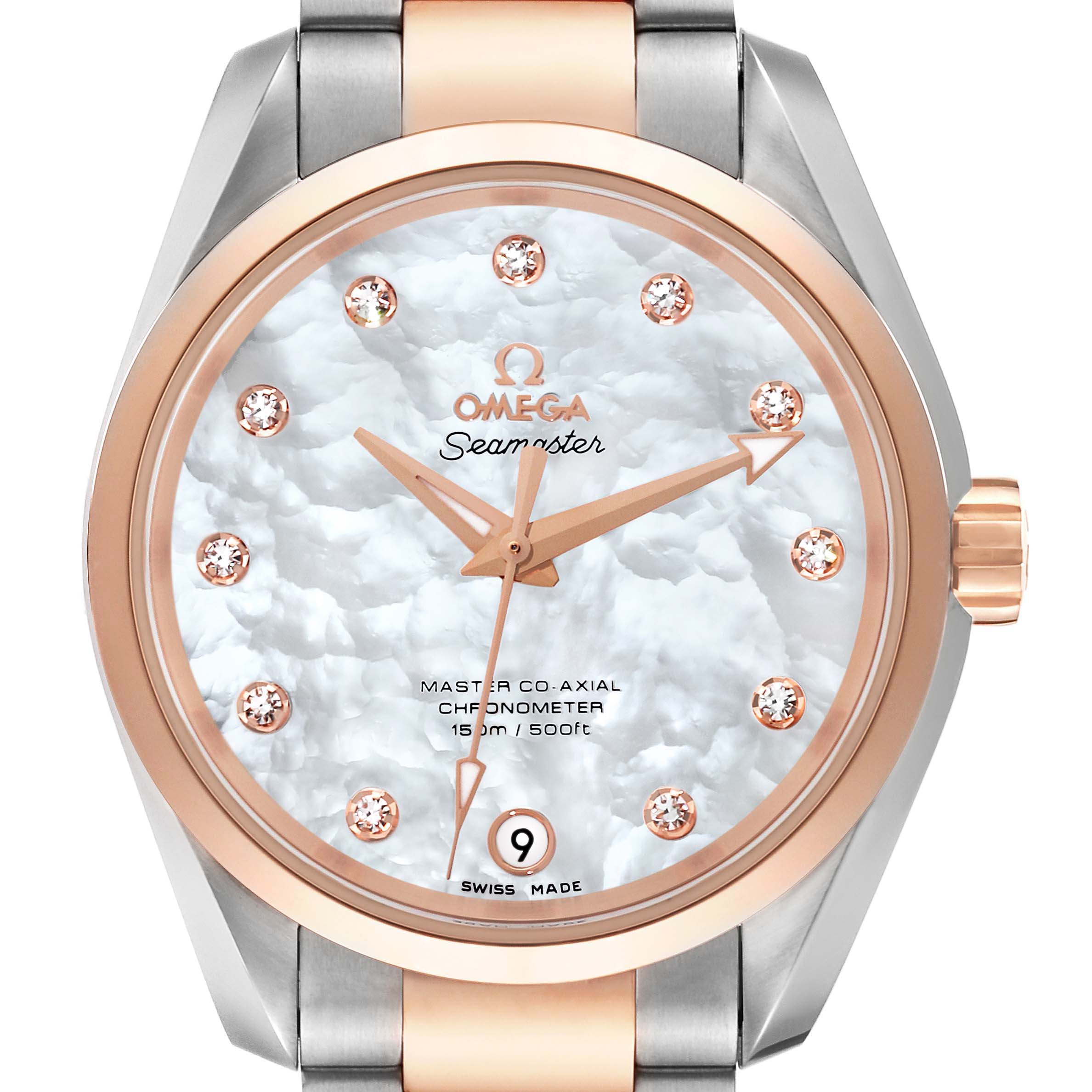 The Omega 231.20.39.21.55.003 Women's Steel and Gold (two tone) Mother of Pearl Dial Aqua Terra Rose Gold Mother of Pearl Diamond Ladies Watch is shown from the front, highlighting its dial and bezel.