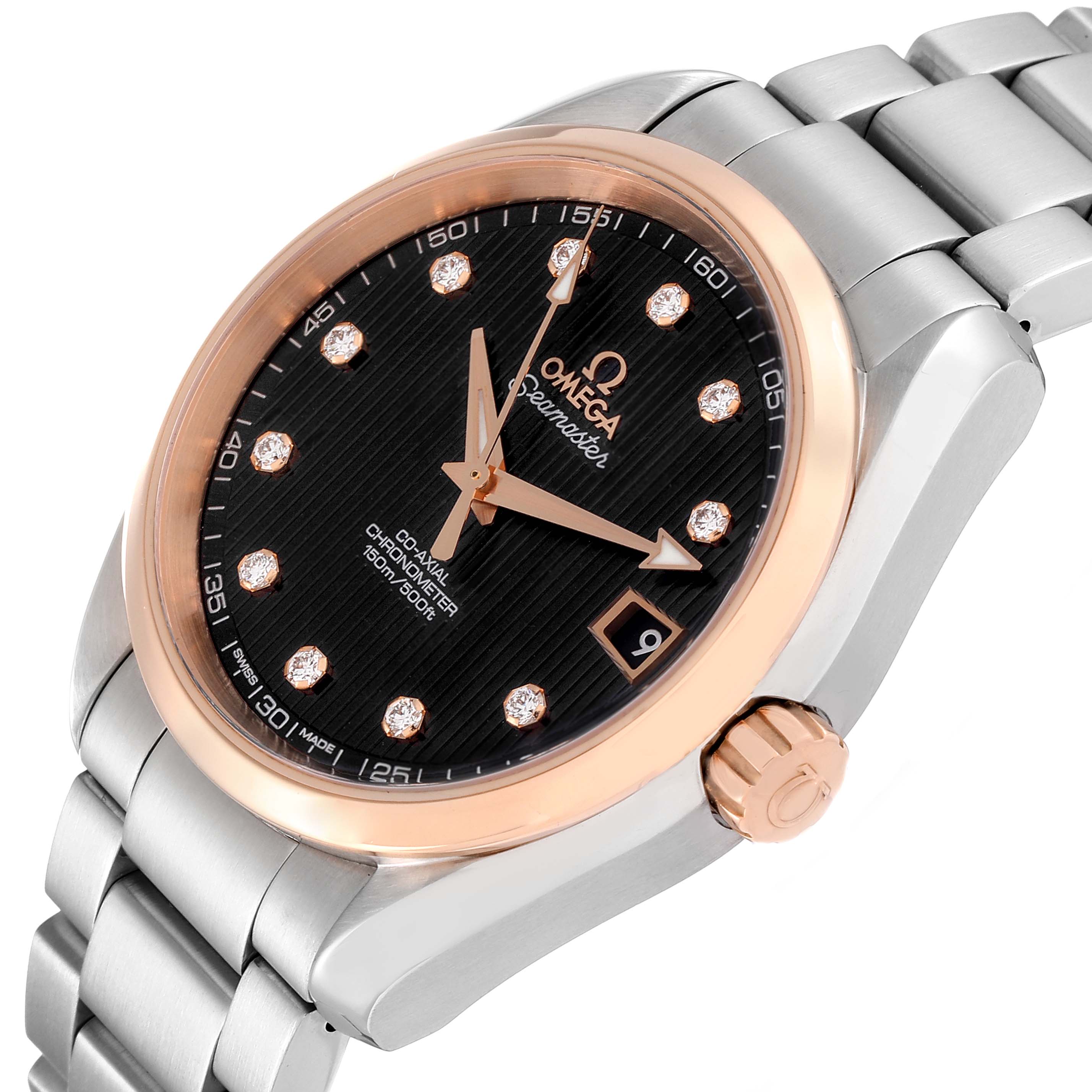 The image shows a close-up angle of the Omega Aqua Terra 231.20.39.21.51.003 Men's Steel and Gold (two tone) Black Dial 231.20.39.21.51.003 Men's Steel and Gold (two tone) Black Dial watch, highlighting the face, bezel, bracelet, and crown.