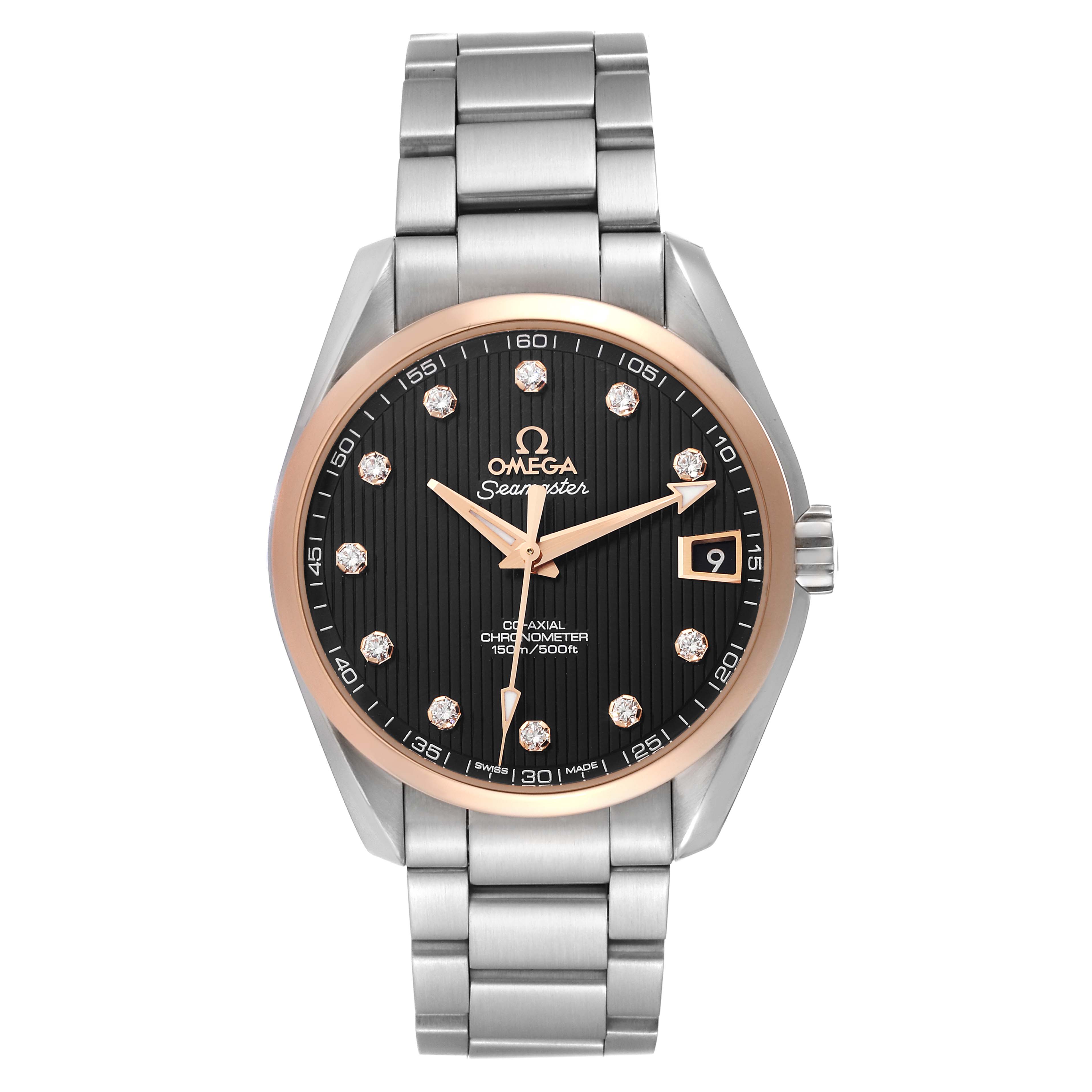 The image shows a front angle view of the Omega Aqua Terra 231.20.39.21.51.003 Men's Steel and Gold (two tone) Black Dial 231.20.39.21.51.003 Men's Steel and Gold (two tone) Black Dial watch, displaying its face, bracelet, bezel, and crown.