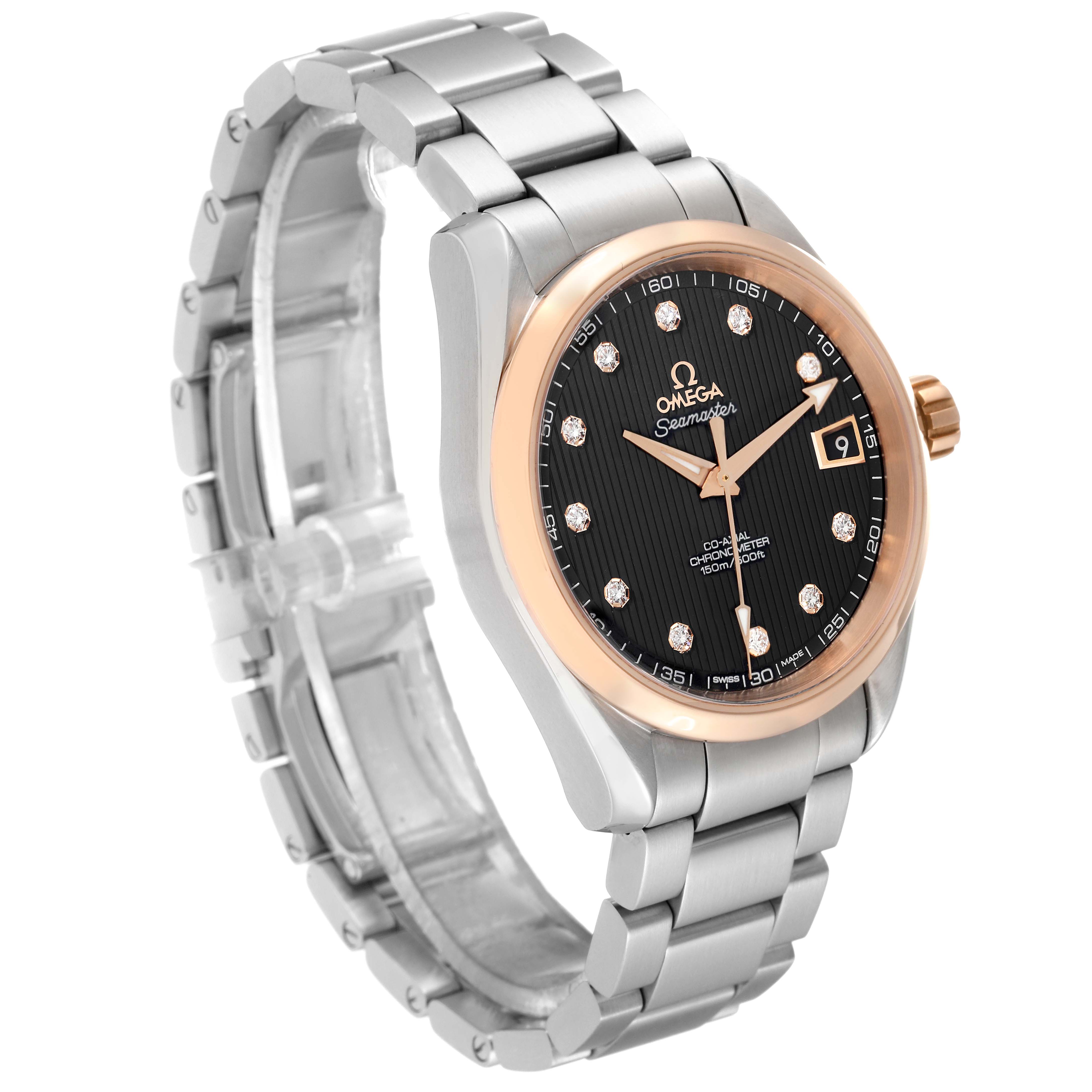 The image shows an Omega Aqua Terra 231.20.39.21.51.003 Men's Steel and Gold (two tone) Black Dial 231.20.39.21.51.003 Men's Steel and Gold (two tone) Black Dial watch at a left-side angle, highlighting its bracelet, crown, and face with a black dial and diamond markers.