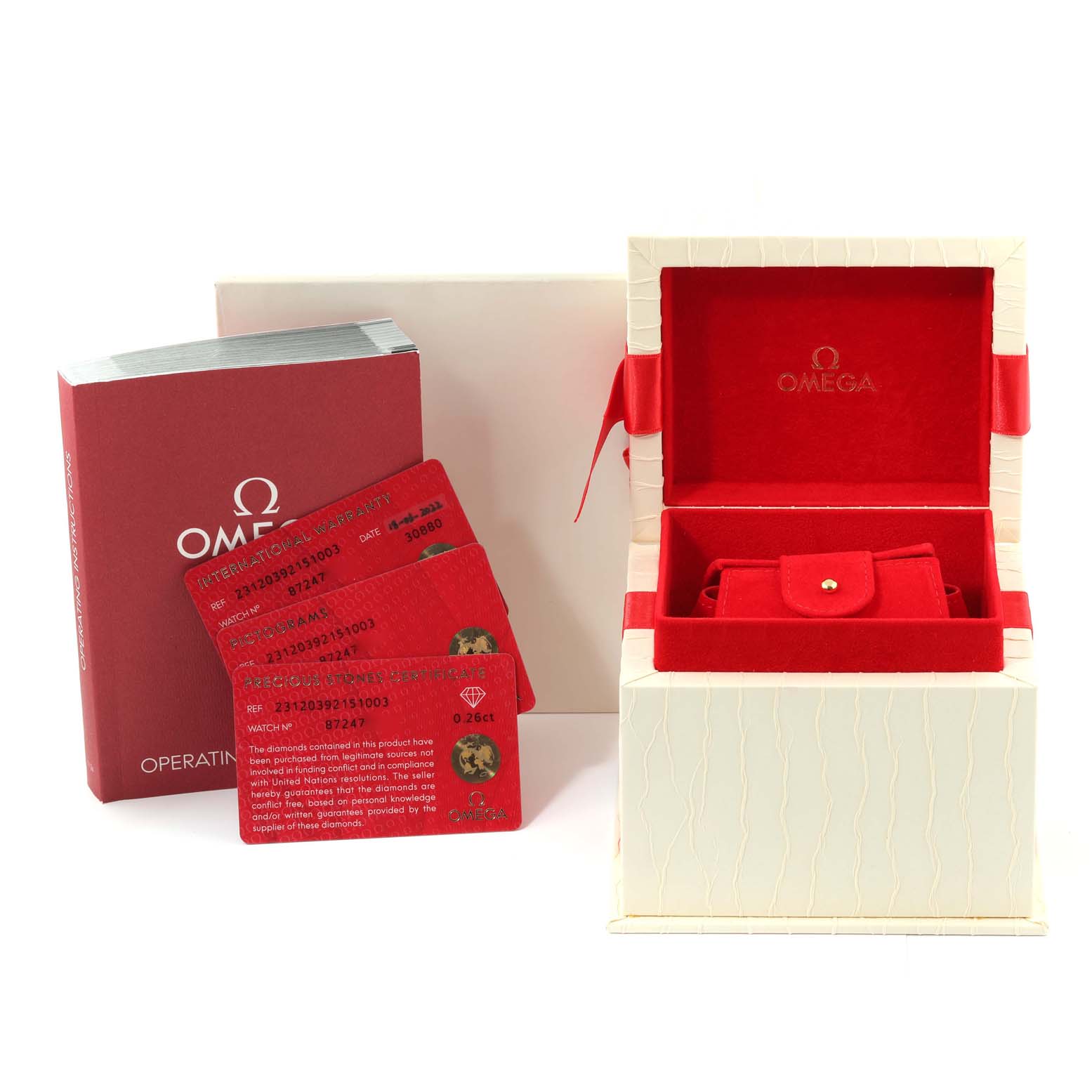 The image shows the packaging and accessories for an Omega Aqua Terra 231.20.39.21.51.003 Men's Steel and Gold (two tone) Black Dial 231.20.39.21.51.003 Men's Steel and Gold (two tone) Black Dial, including the box, warranty cards, and user manual.