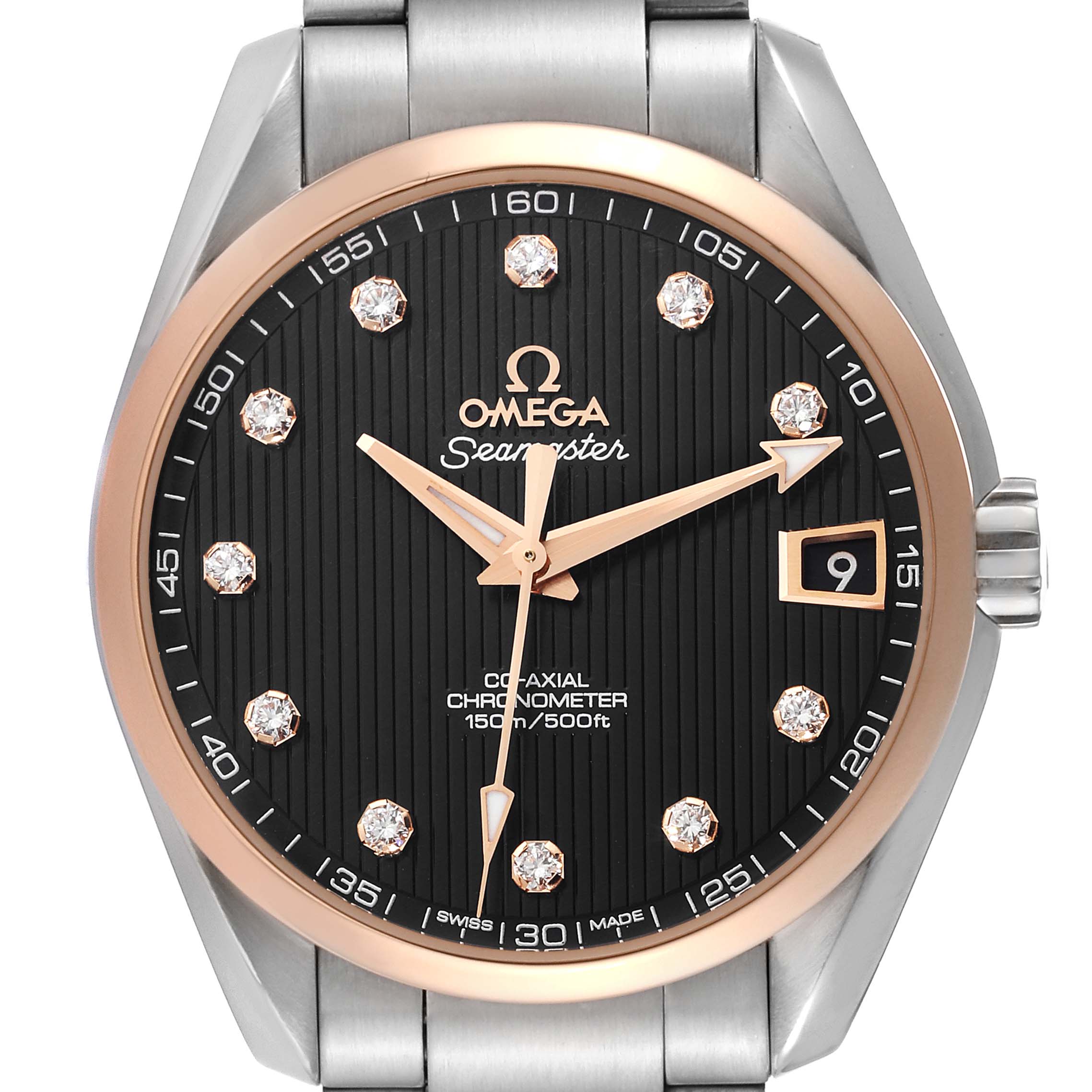 The image shows a front view of the Omega Seamaster Aqua Terra watch displaying its dial, bezel, and part of the bracelet.