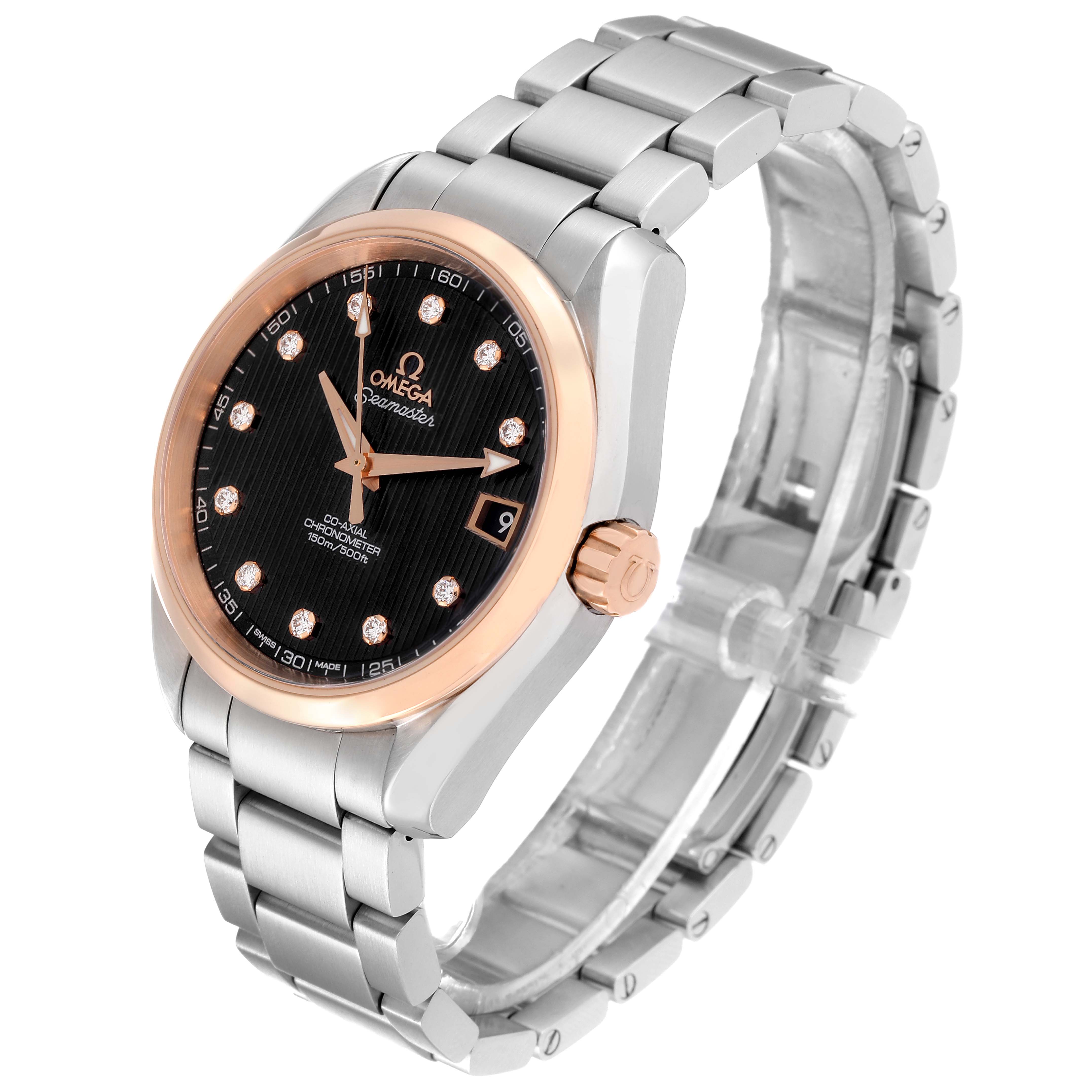 The image shows an Omega Aqua Terra 231.20.39.21.51.003 Men's Steel and Gold (two tone) Black Dial 231.20.39.21.51.003 Men's Steel and Gold (two tone) Black Dial watch from a three-quarter angle, highlighting its bracelet, dial, bezel, and crown.