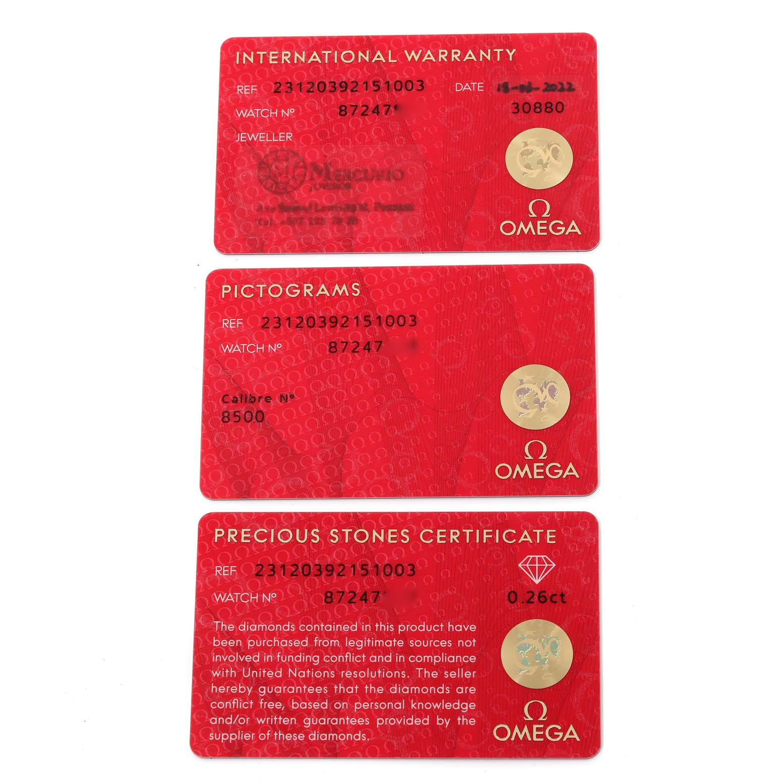 The image shows three Omega Aqua Terra 231.20.39.21.51.003 Men's Steel and Gold (two tone) Black Dial 231.20.39.21.51.003 Men's Steel and Gold (two tone) Black Dial warranty and certification cards: International Warranty, Pictograms, and Precious Stones Certificate.