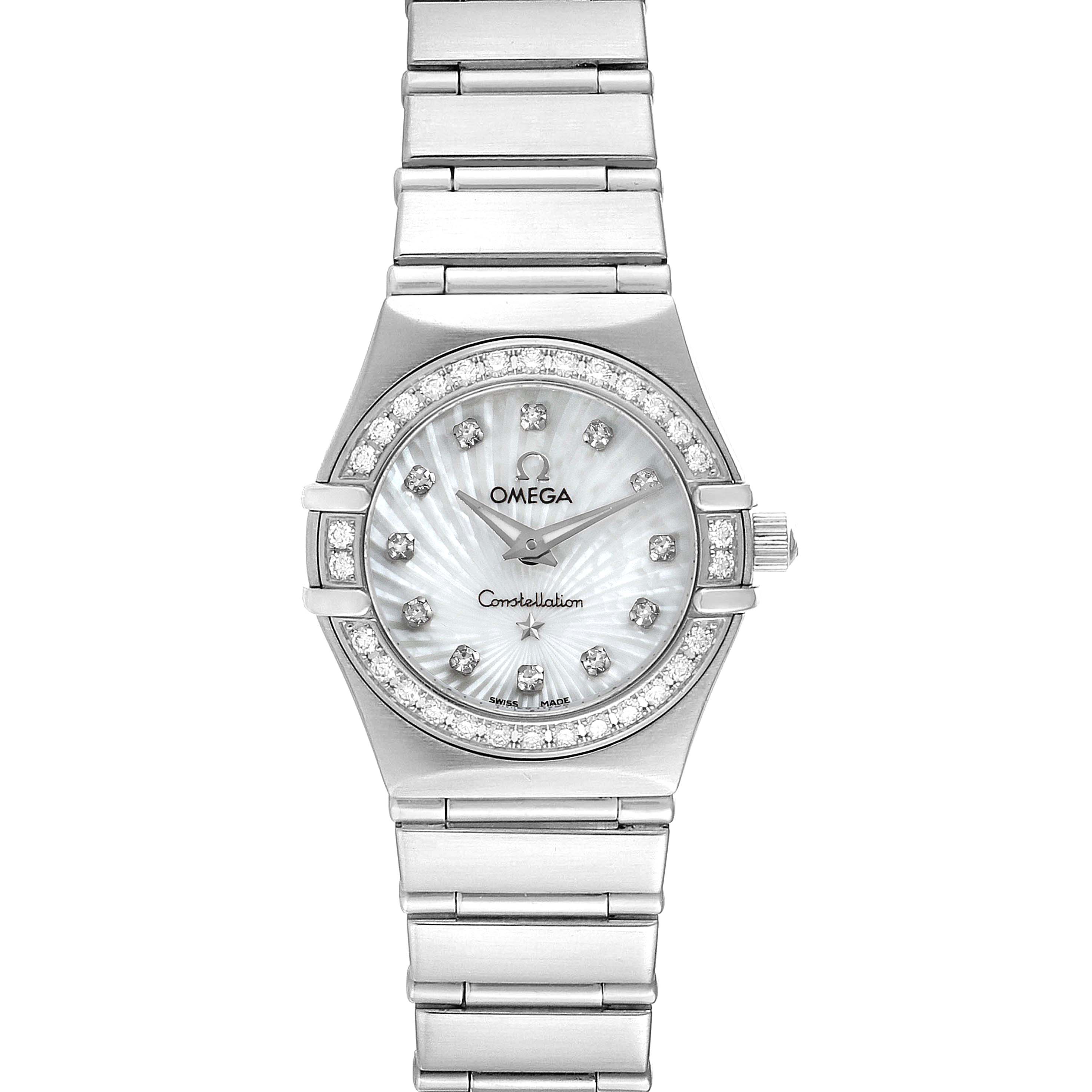 This image shows a front view of the Omega 111.15.23.60.55.001 Women's Stainless Steel Mother of Pearl Dial 111.15.23.60.55.001 Women's Stainless Steel Mother of Pearl Dial Constellation 160 Anniversary Steel Diamond Watch 111.15.23.60.55.001.