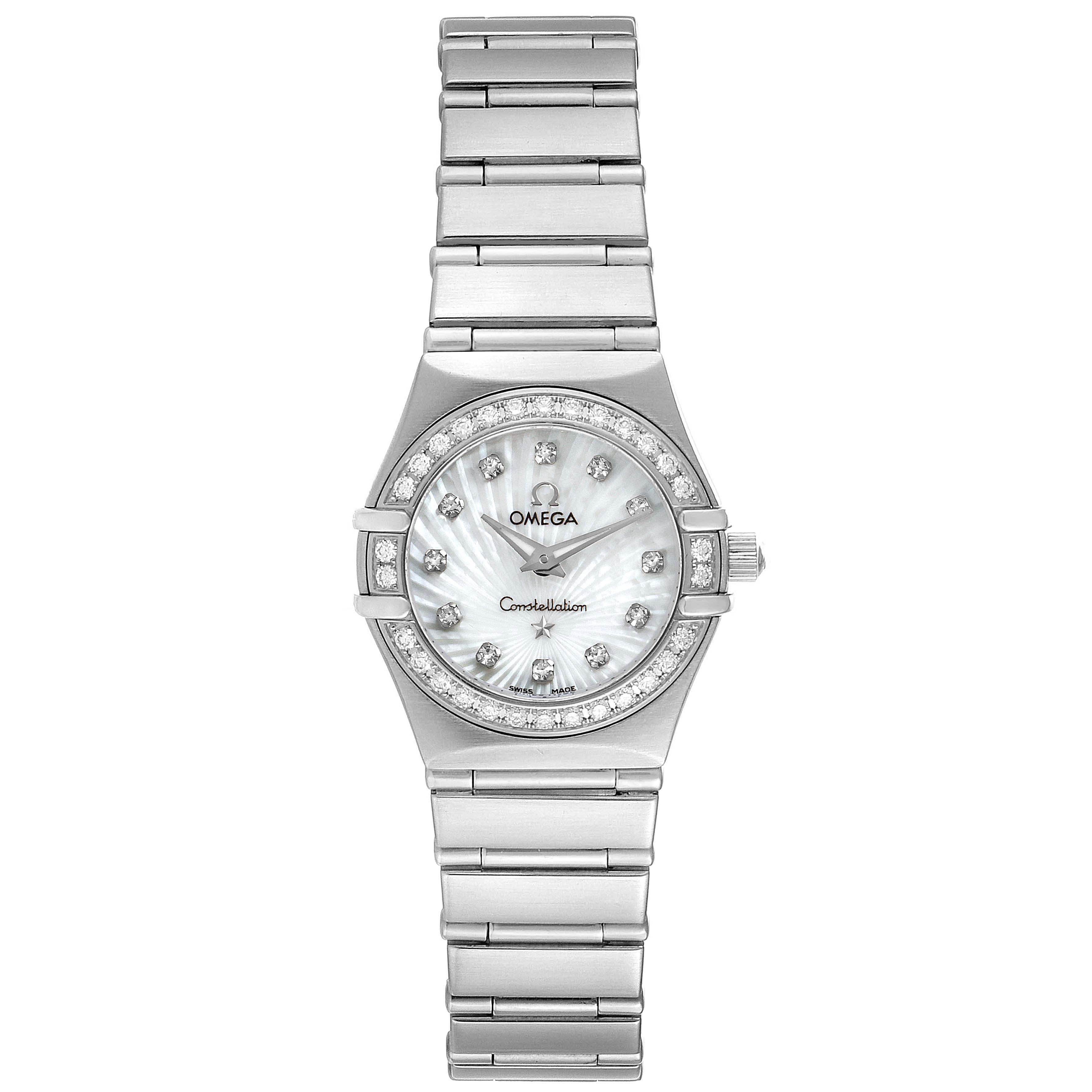 The image shows a frontal view of the Omega 111.15.23.60.55.001 Women's Stainless Steel Mother of Pearl Dial 111.15.23.60.55.001 Women's Stainless Steel Mother of Pearl Dial Constellation 160 Anniversary Steel Diamond Watch 111.15.23.60.55.001.