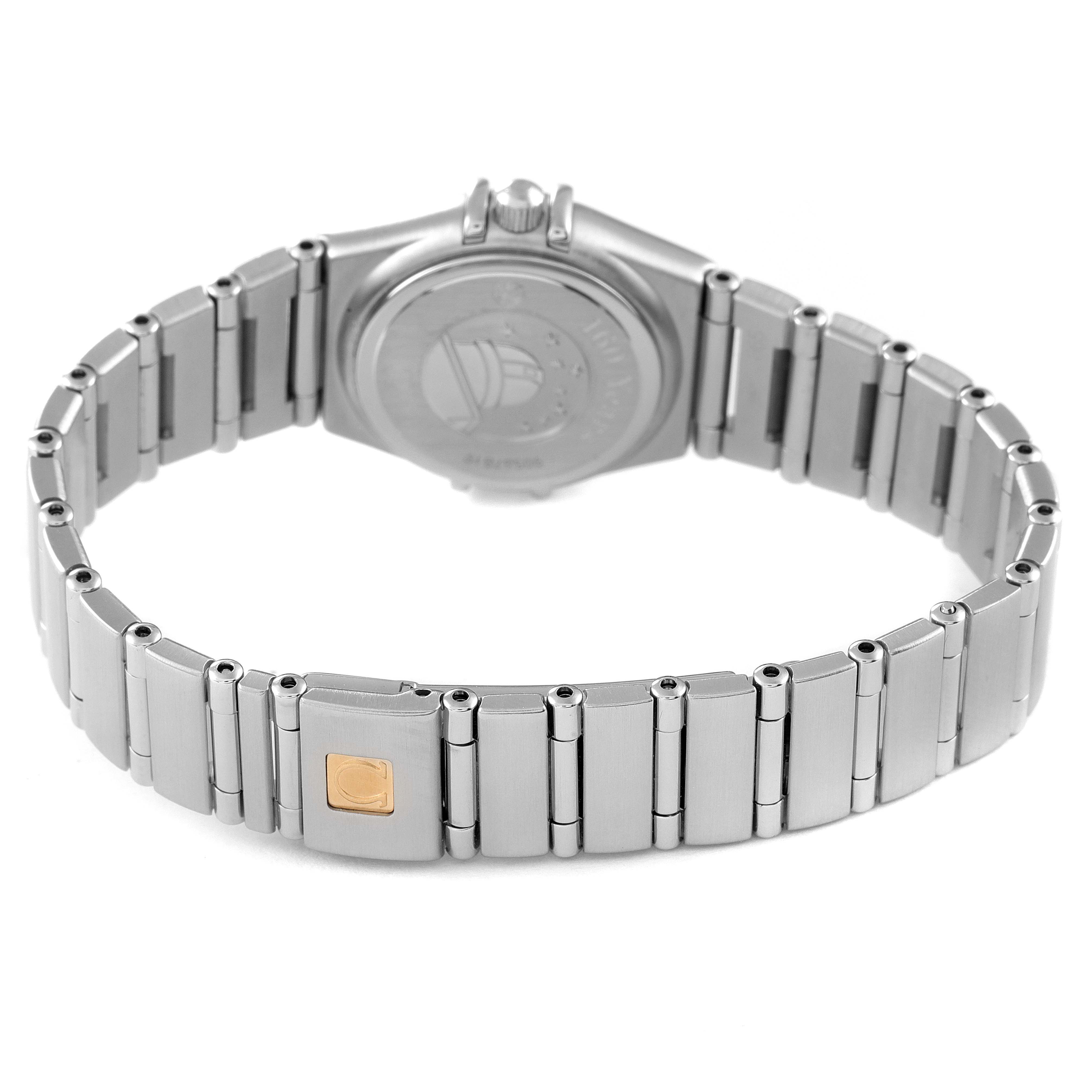 The image shows the back view of the Omega 111.15.23.60.55.001 Women's Stainless Steel Mother of Pearl Dial 111.15.23.60.55.001 Women's Stainless Steel Mother of Pearl Dial Constellation 160 Anniversary Steel Diamond Watch 111.15.23.60.55.001, focusing on the bracelet and case back.
